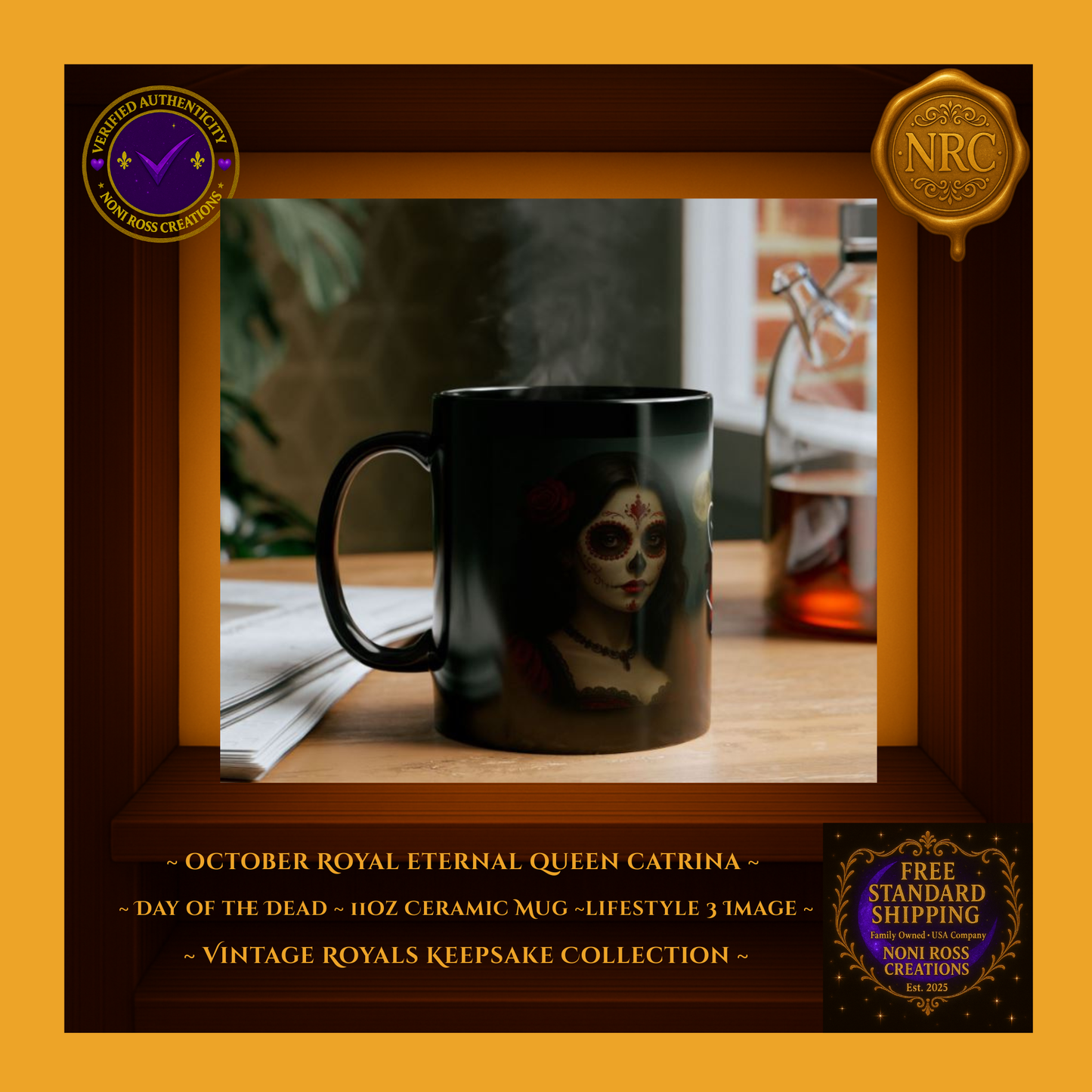 October Catrina Mug styled with candles and red roses—gothic Halloween vignette | Noni Ross Creations