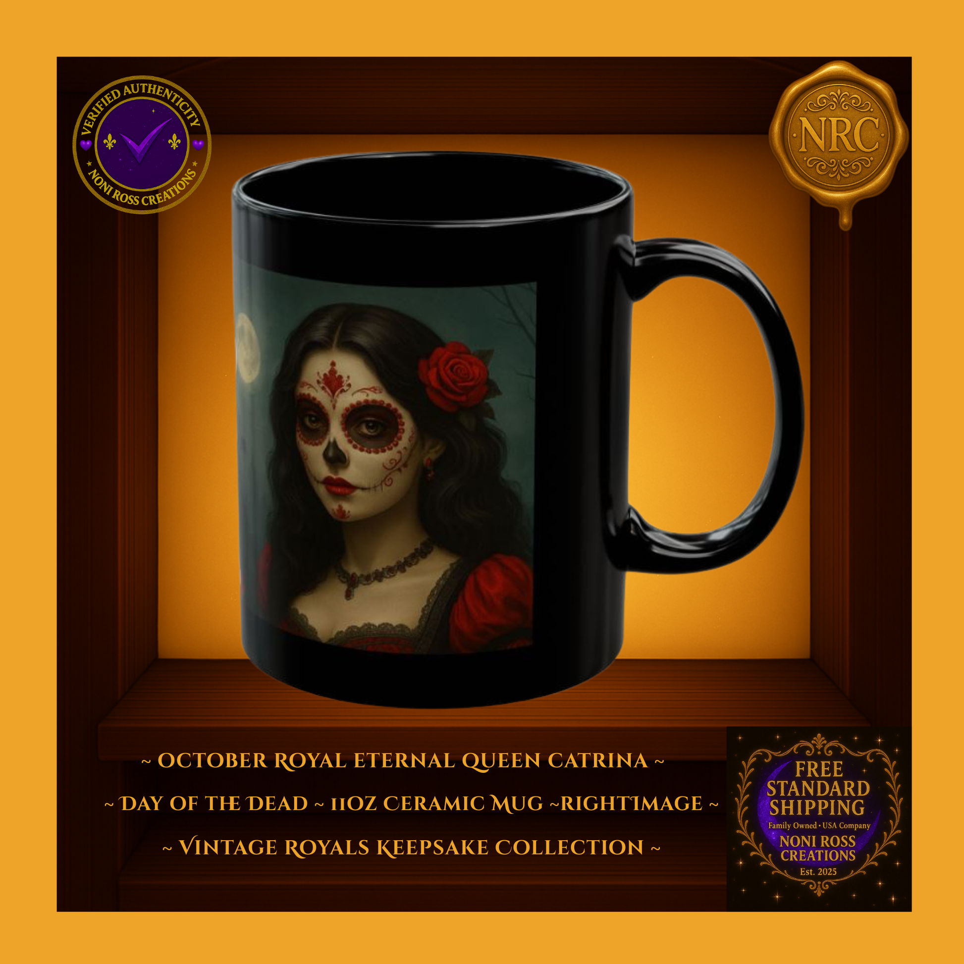 Right side of October Catrina Mug highlighting flowing red dress tones and deep teal night background | Noni Ross Creations