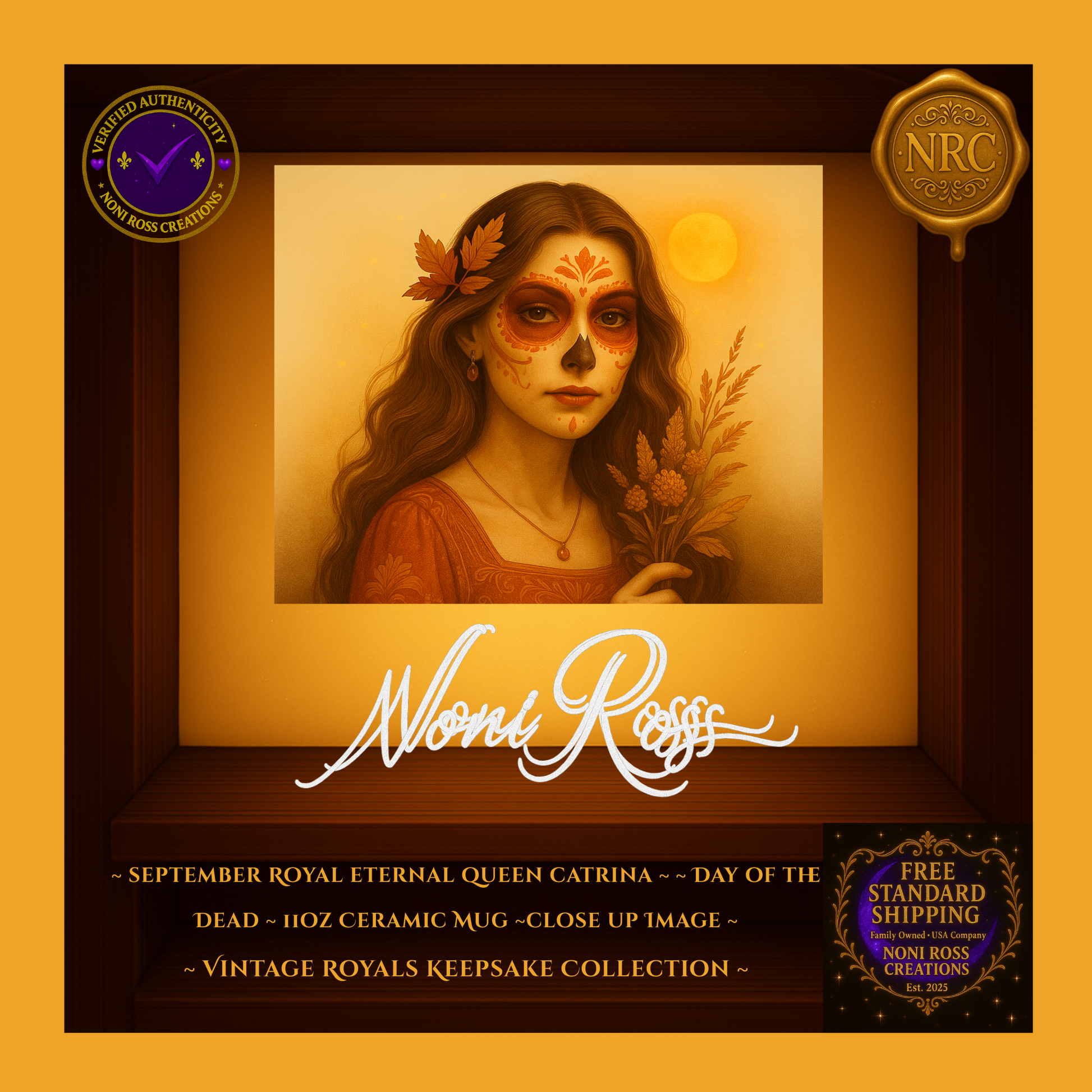 Close-up of September Queen Catrina face with emerald jewels and copper highlights — vintage royal portrait art