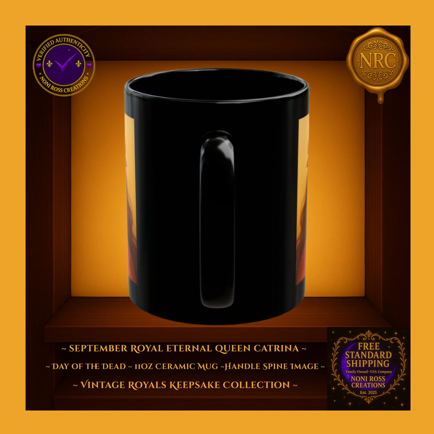 Handle detail — porcelain white interior with gold-green edge trim, 11 oz ceramic mug