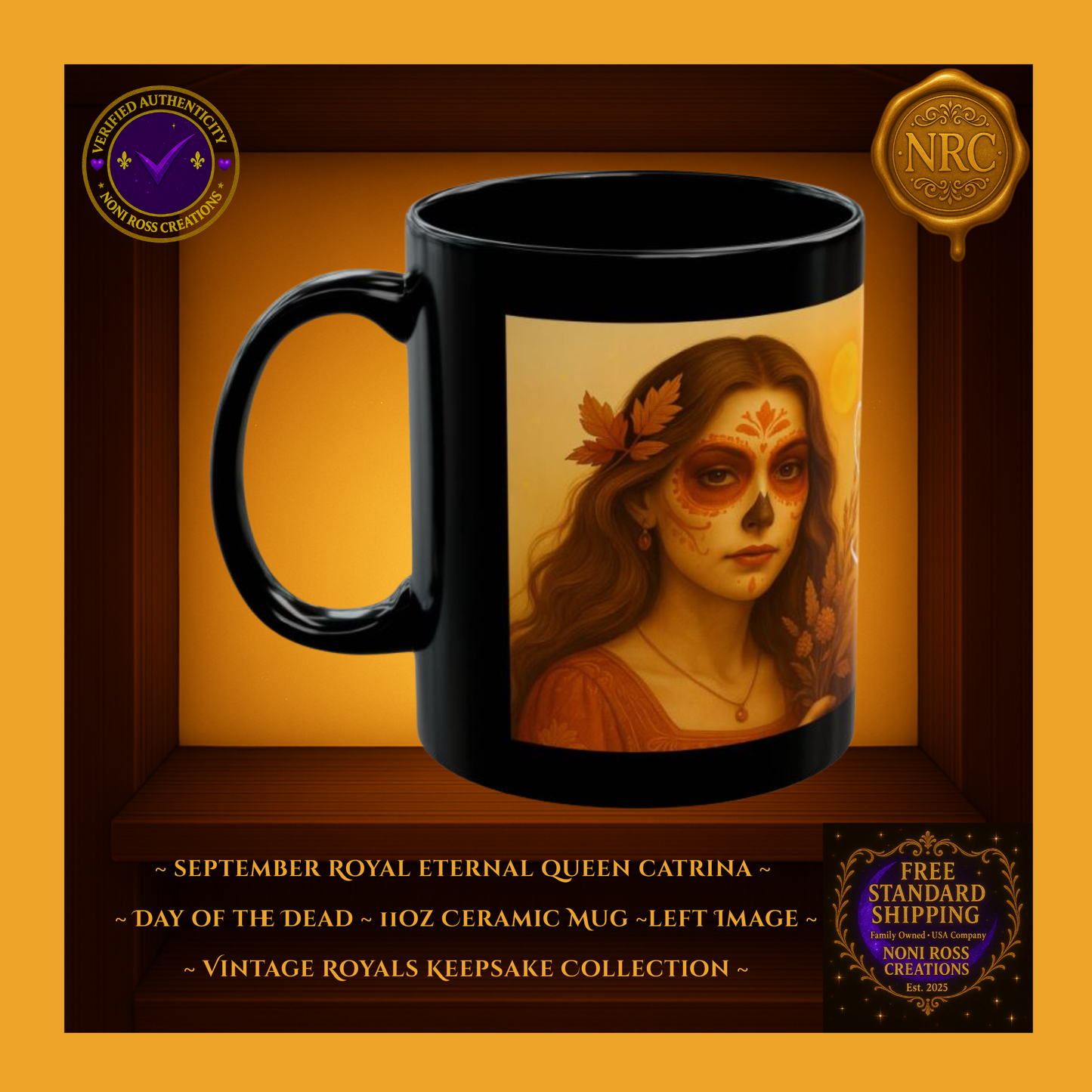 Left side — September Eternal Queen Catrina Mug with golden lace and emerald fabric detailing, 11 oz ceramic mug