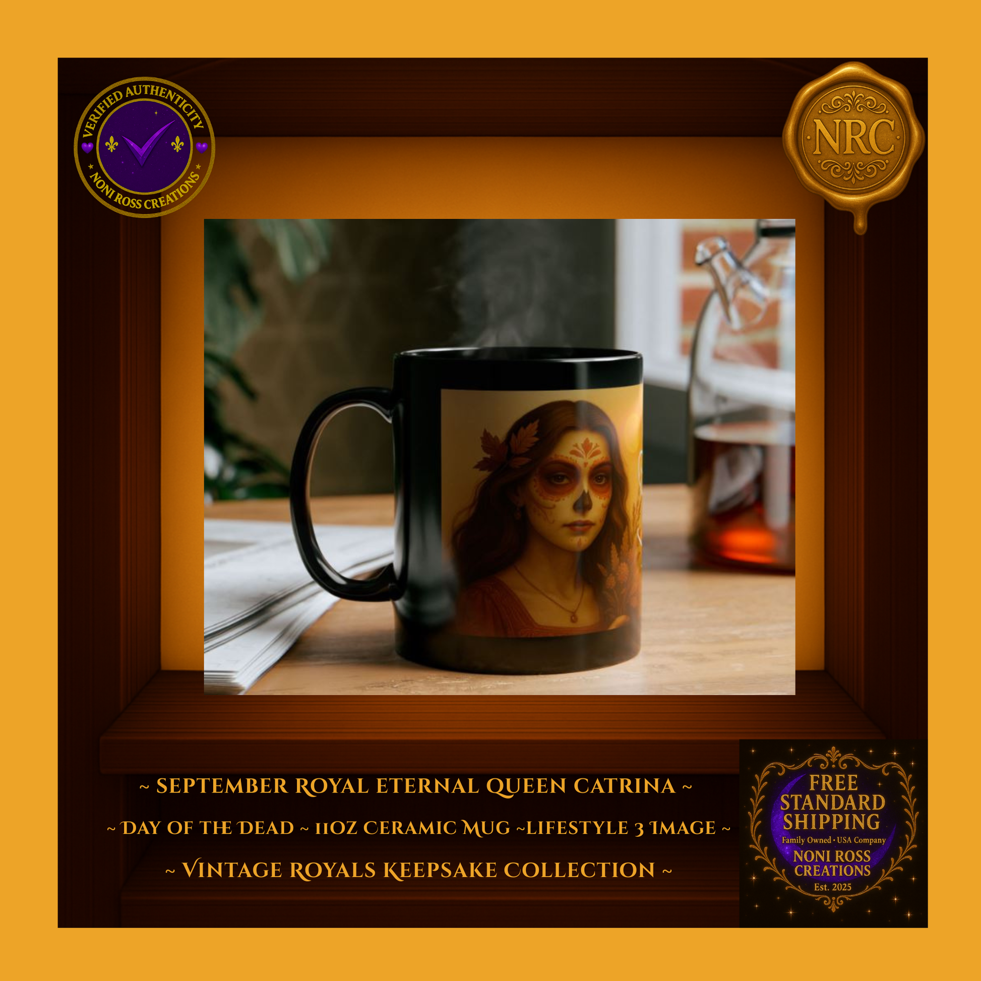 Collector display — September Queen Catrina Mug beside King Catrin Mug | 💜 NoniRossCreations.com