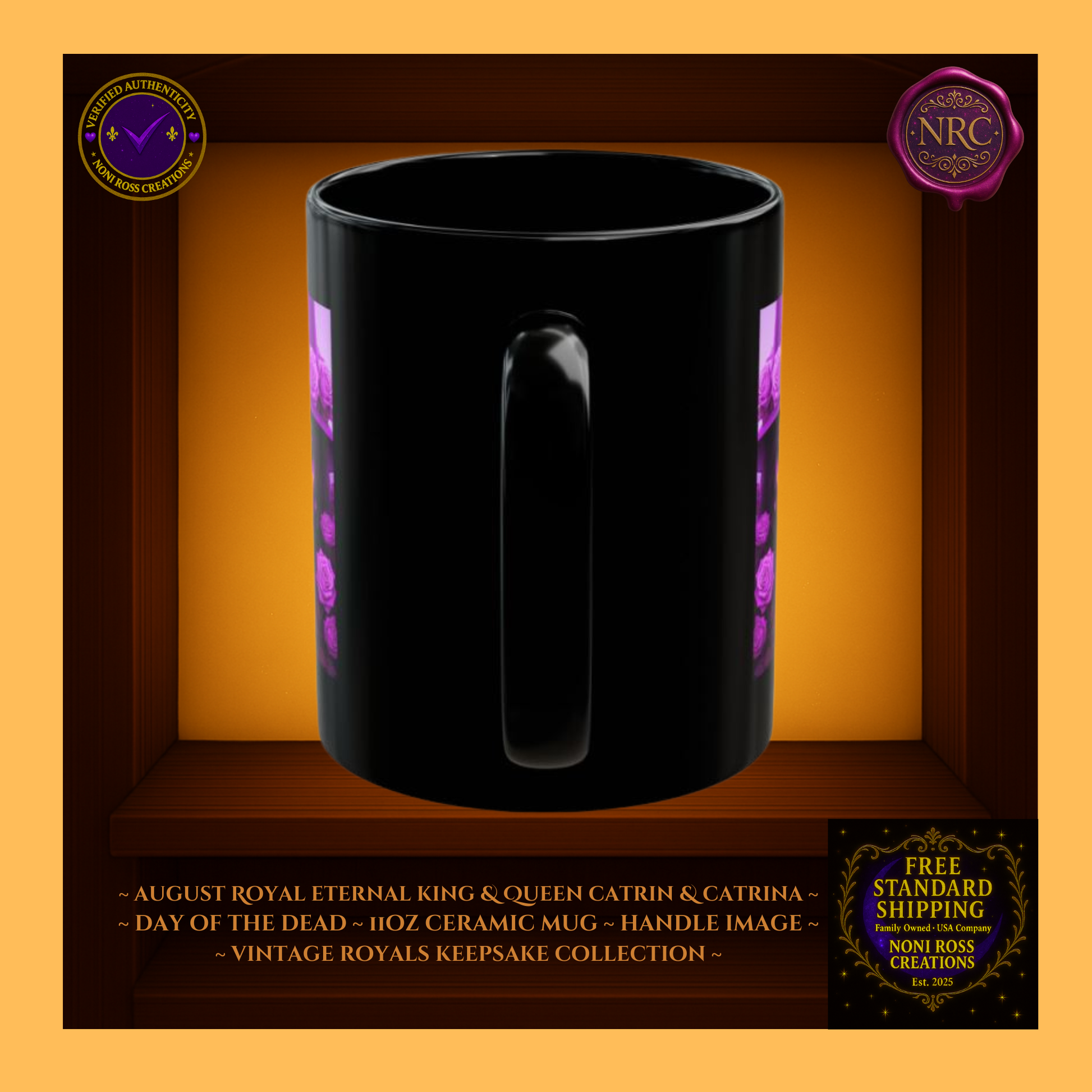 Handle detail — porcelain white interior with violet-gold edge trim, 11 oz ceramic mugs