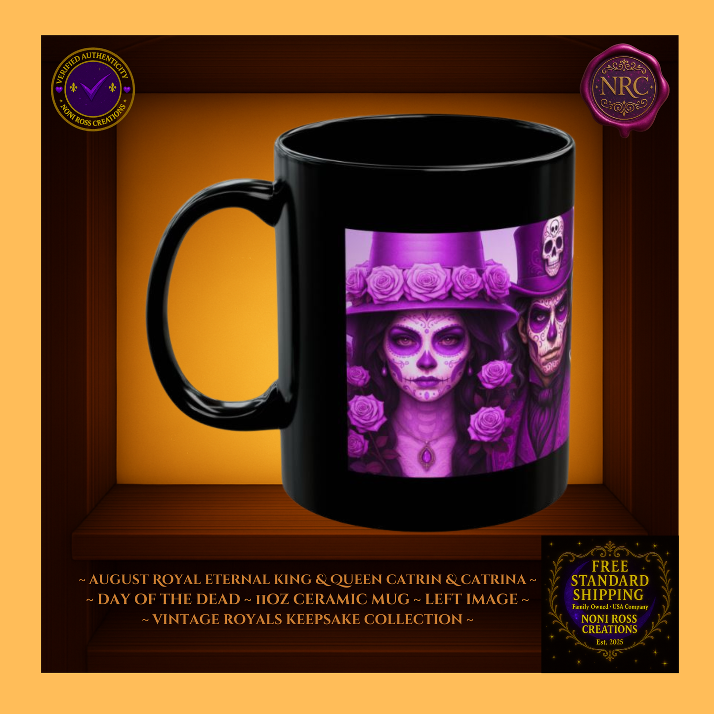 Left side — August Eternal King & Queen Mugs showing amethyst and gold details, 11 oz ceramic mugs