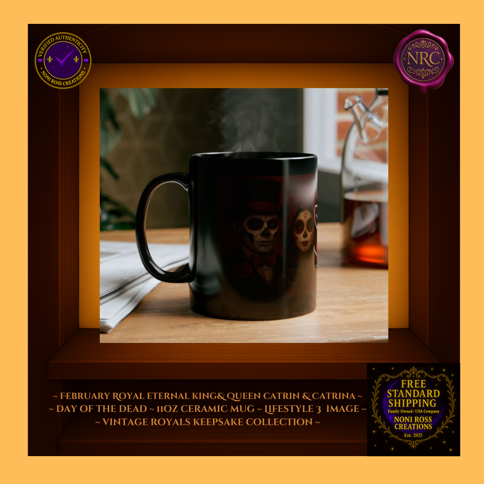 Collector display—February King & Queen Mug Set with pastries and rose petals | 💜 NoniRossCreations.com