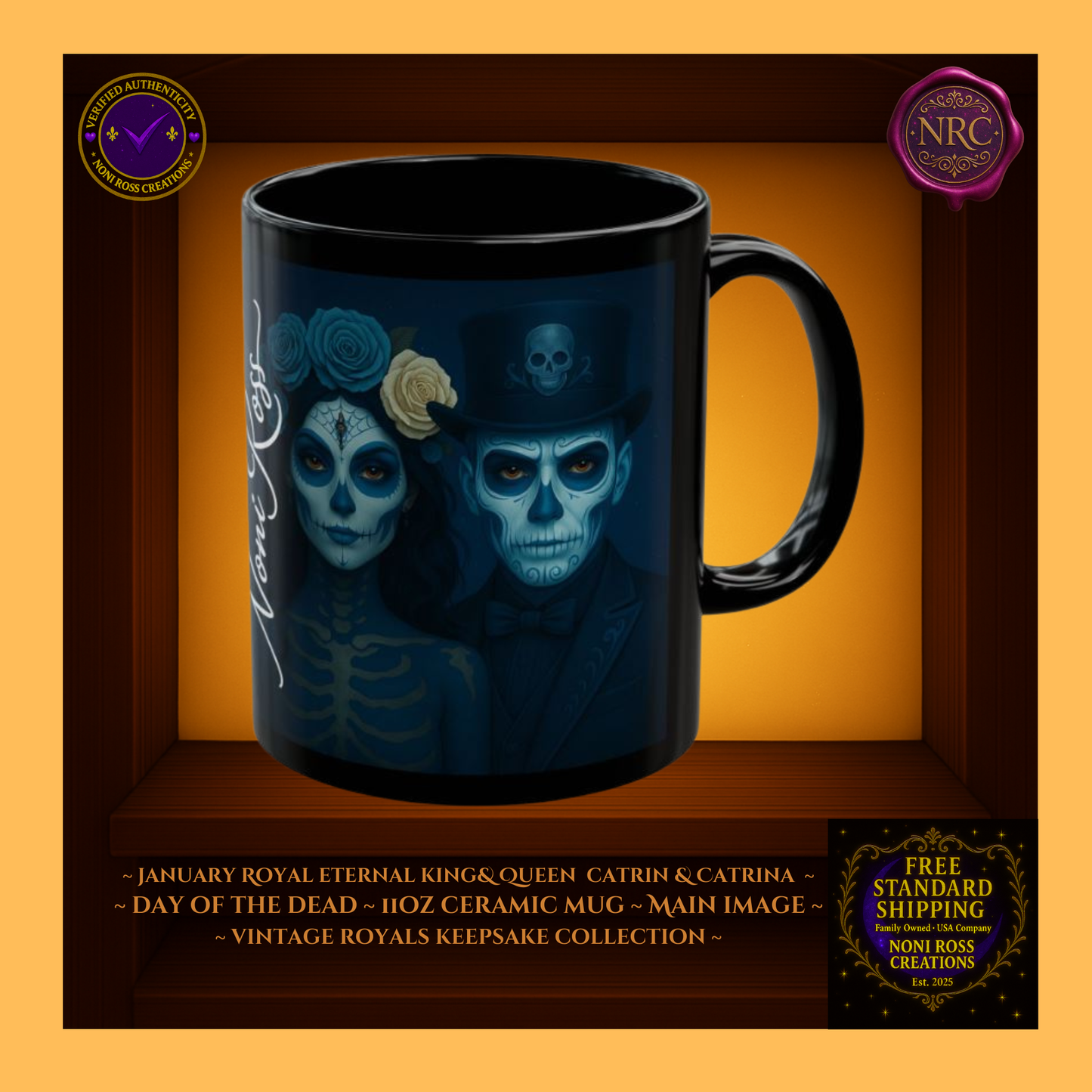 January Eternal King & Queen Catrin & Catrina Mug Set 11oz—royal sapphire and antique silver gothic couple art | Noni Ross Creations