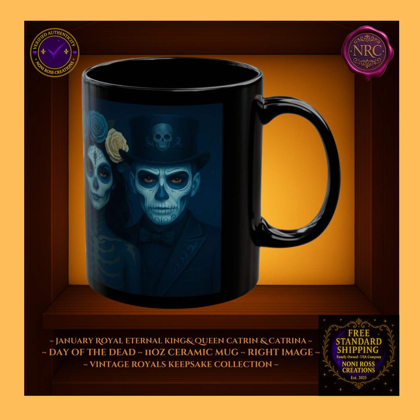 Right side of Eternal King & Queen Catrin & Catrina Mugs—vintage royal design and elegant gold lighting