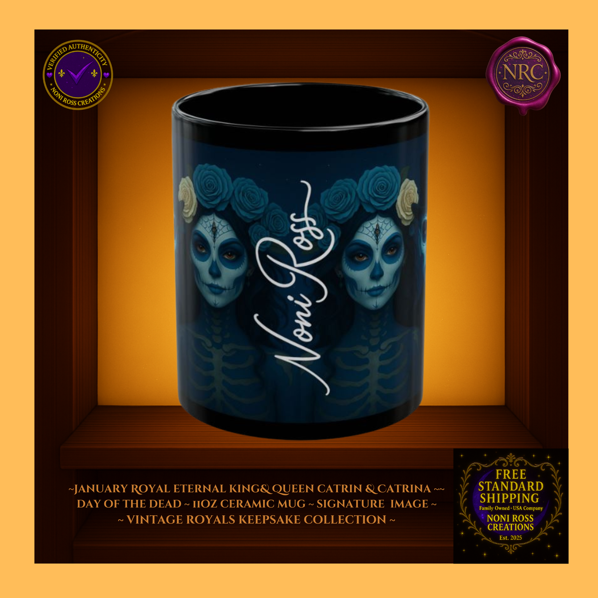 Signature spine view—Noni Ross Creations mark and Vintage Royals filigree on sapphire and velvet charcoal background