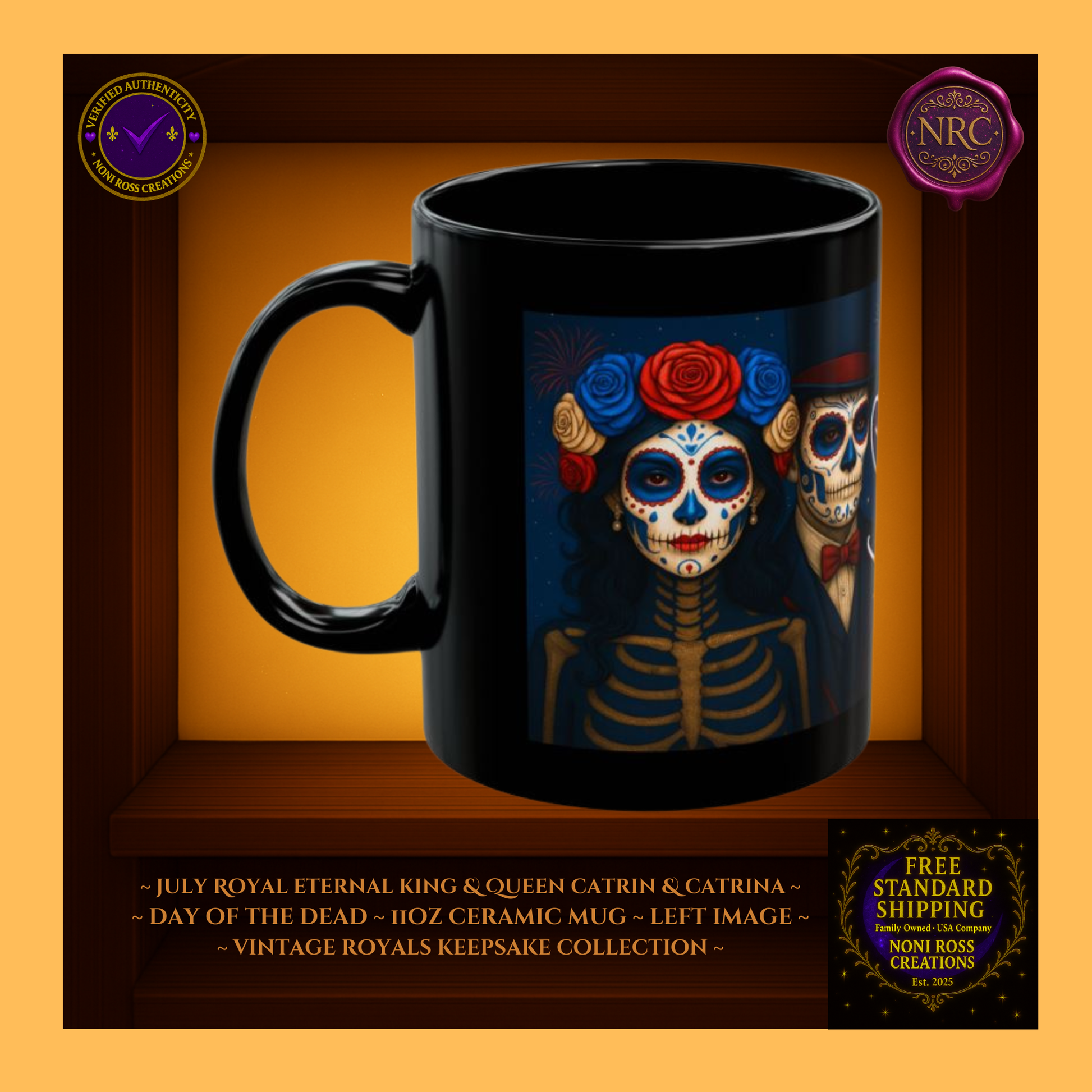 Left side—July Eternal King & Queen Mugs with royal blue and red attire, 11 oz ceramic mugs