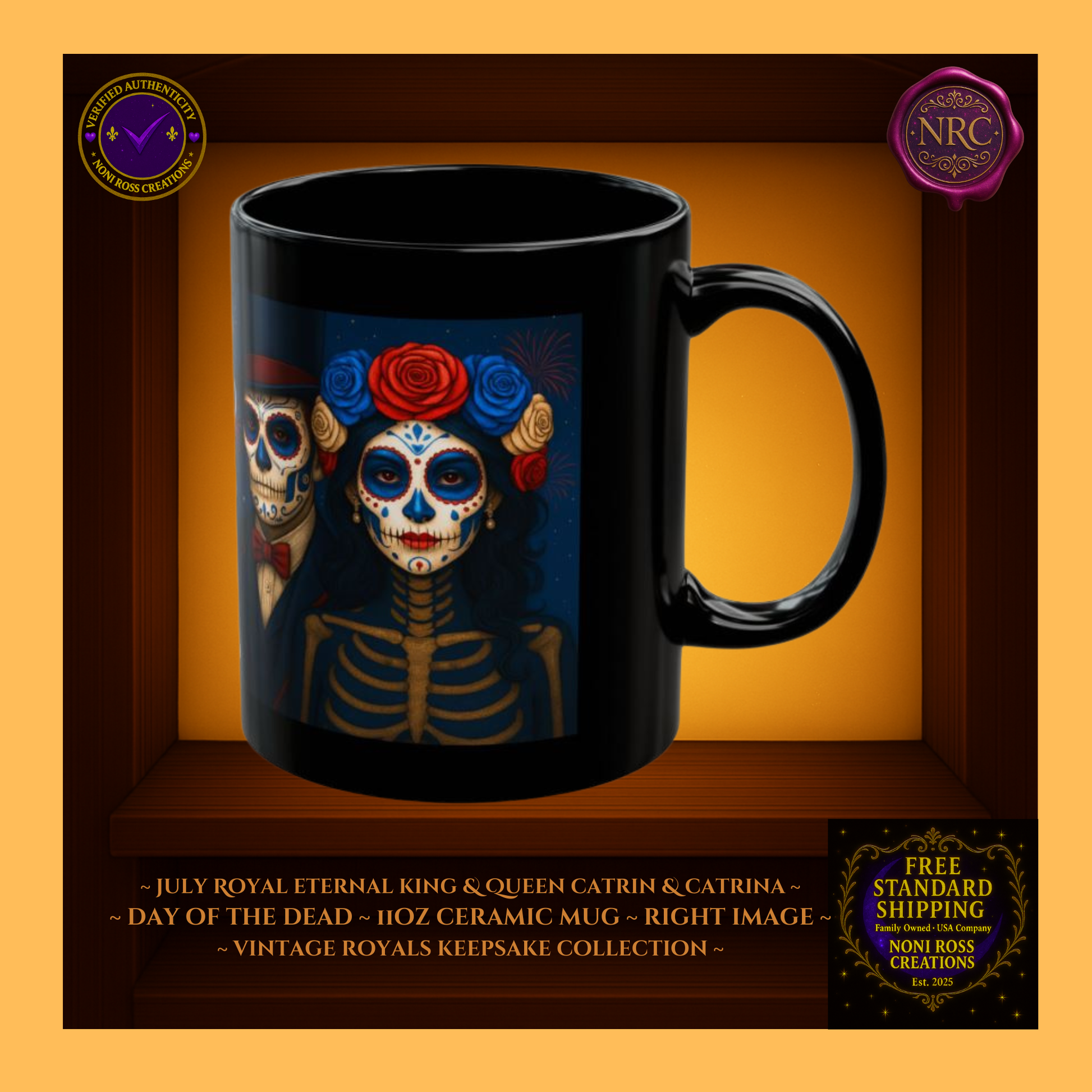 Right side—July King & Queen Catrin & Catrina Mugs with pearl accents and fireworks backdrop