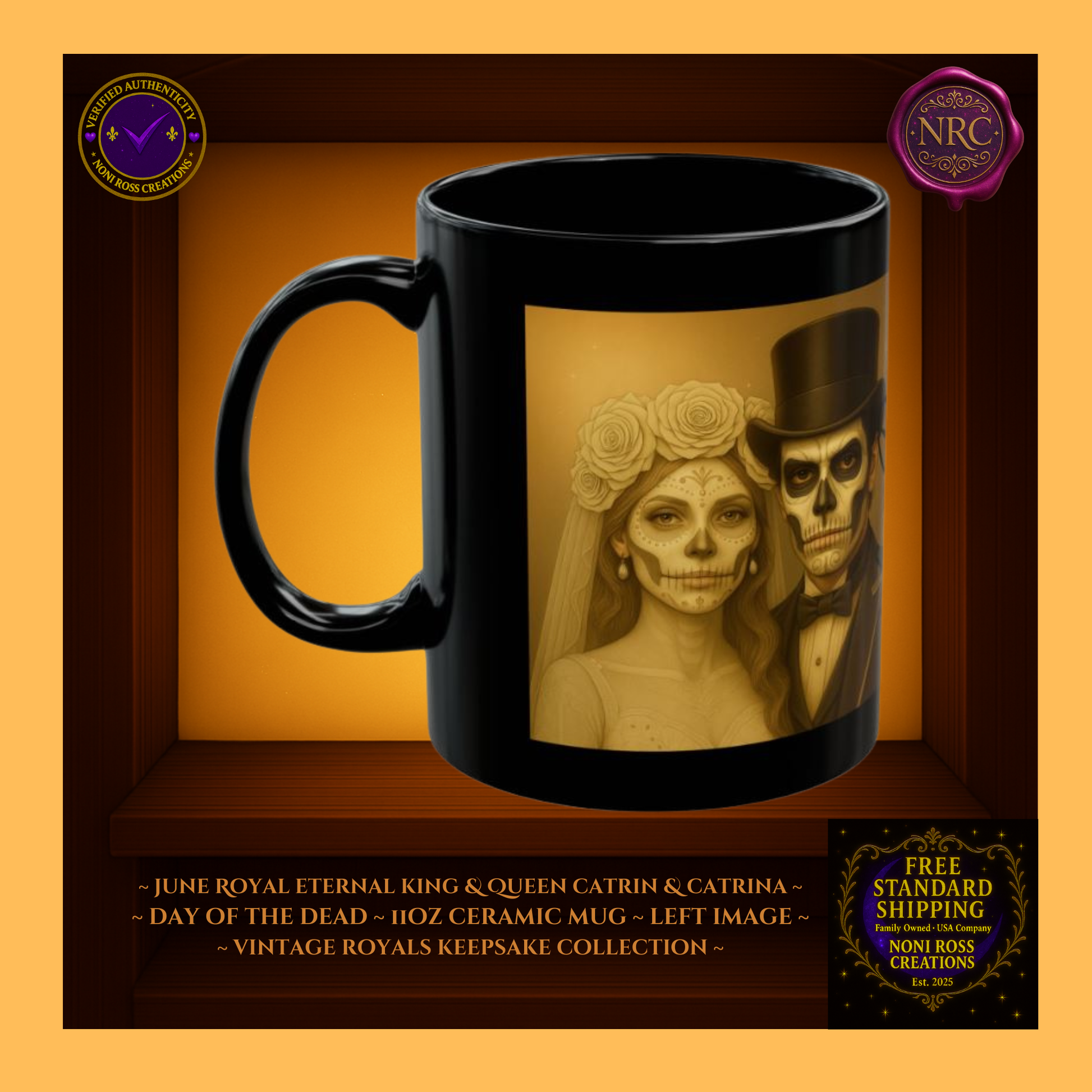 Left side—June Eternal King & Queen Mugs showing paired crowns and silver-gold attire, 11 oz ceramic mugs