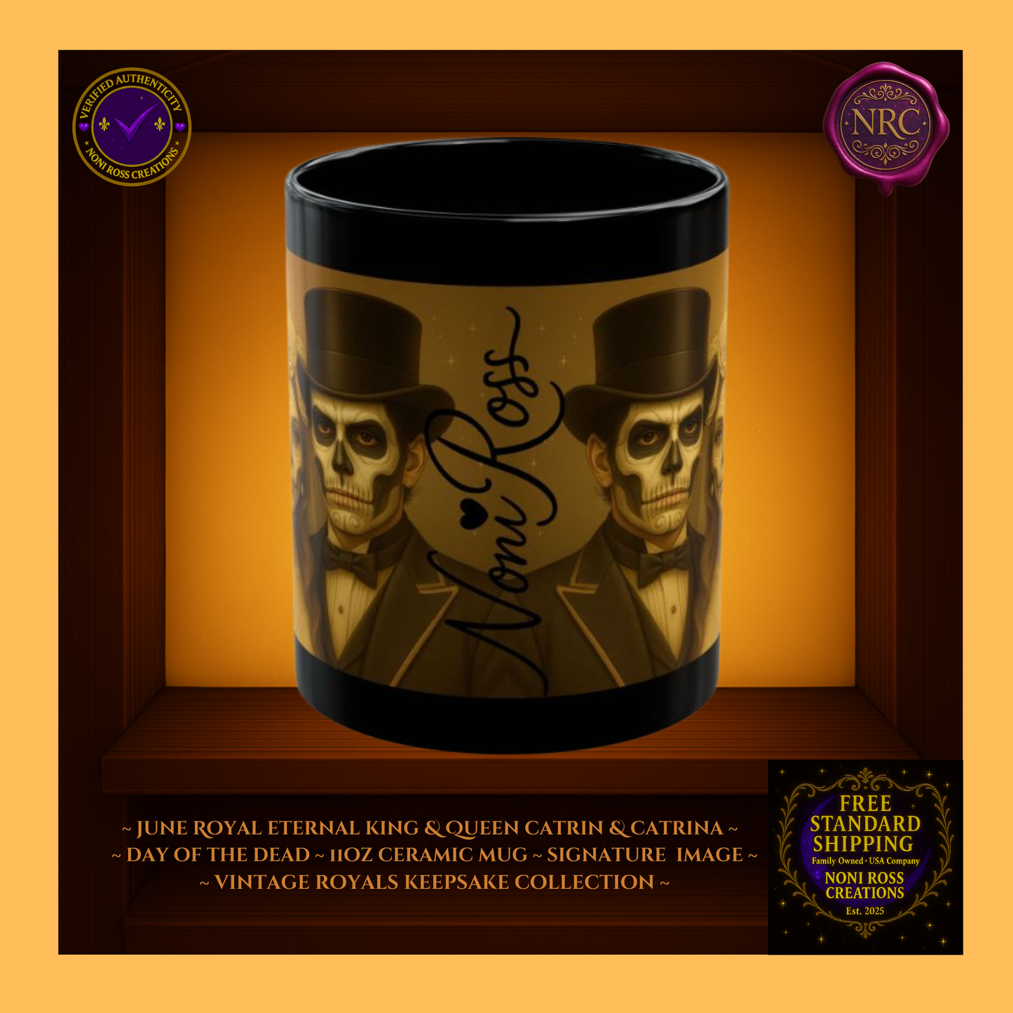 Signature spine—💜 Noni Ross Creations logo with Vintage Royals filigree on metallic silver background