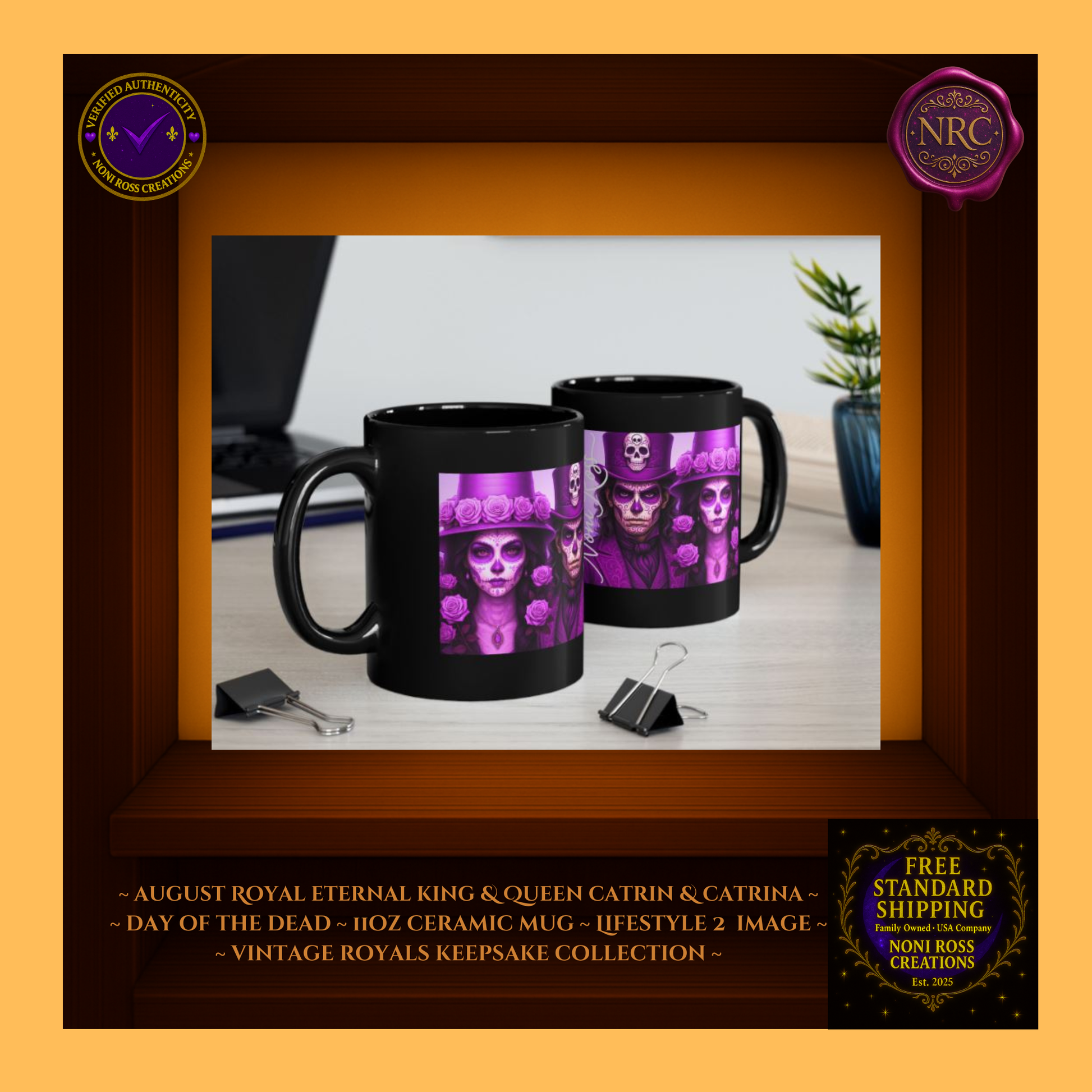 Collector display — August Eternal King & Queen Mugs together in gold and violet tones | 💜 Noni Ross Creations