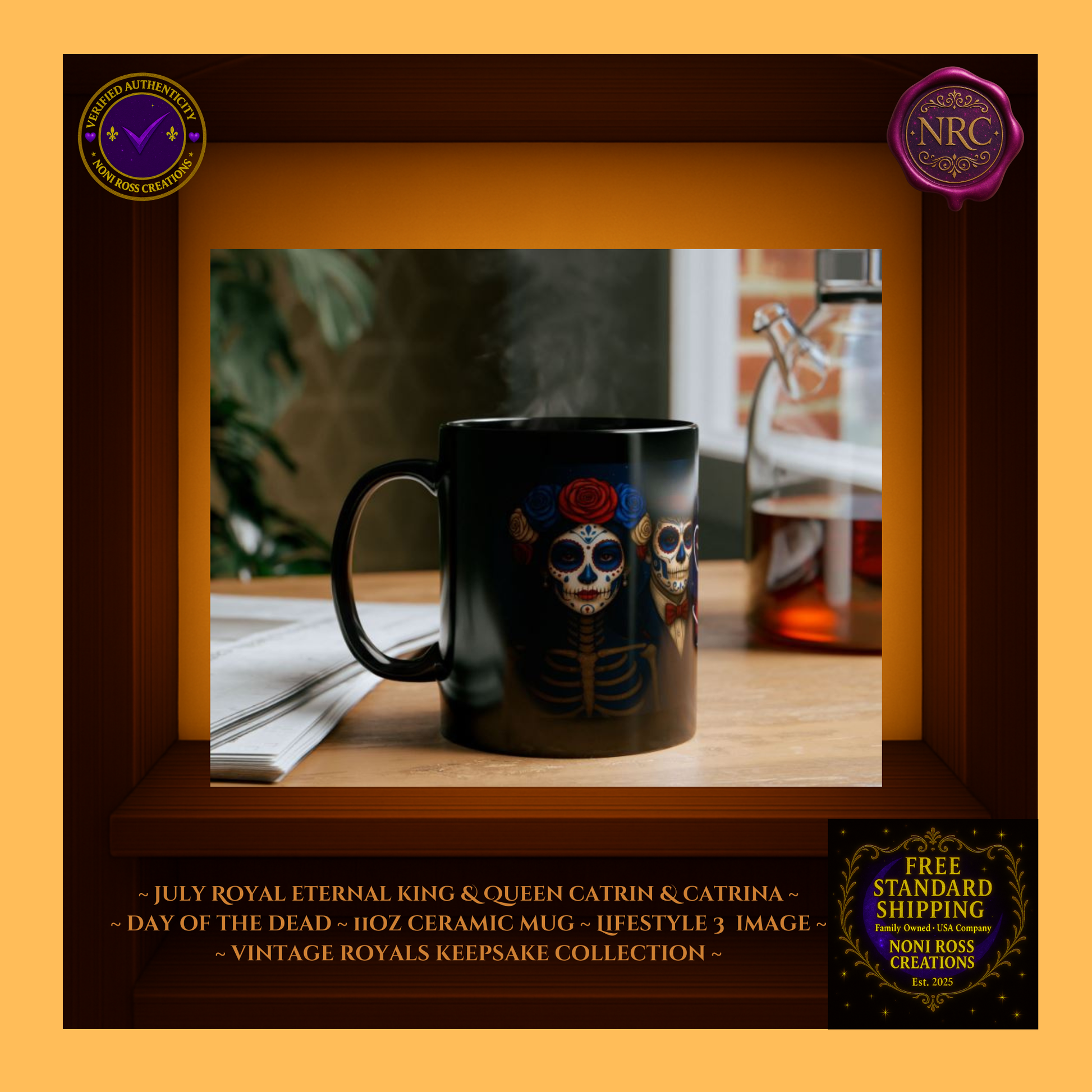 Lifestyle setting—July King & Queen Catrin & Catrina Mugs beside pastries and candles | 💜 NoniRossCreations.com