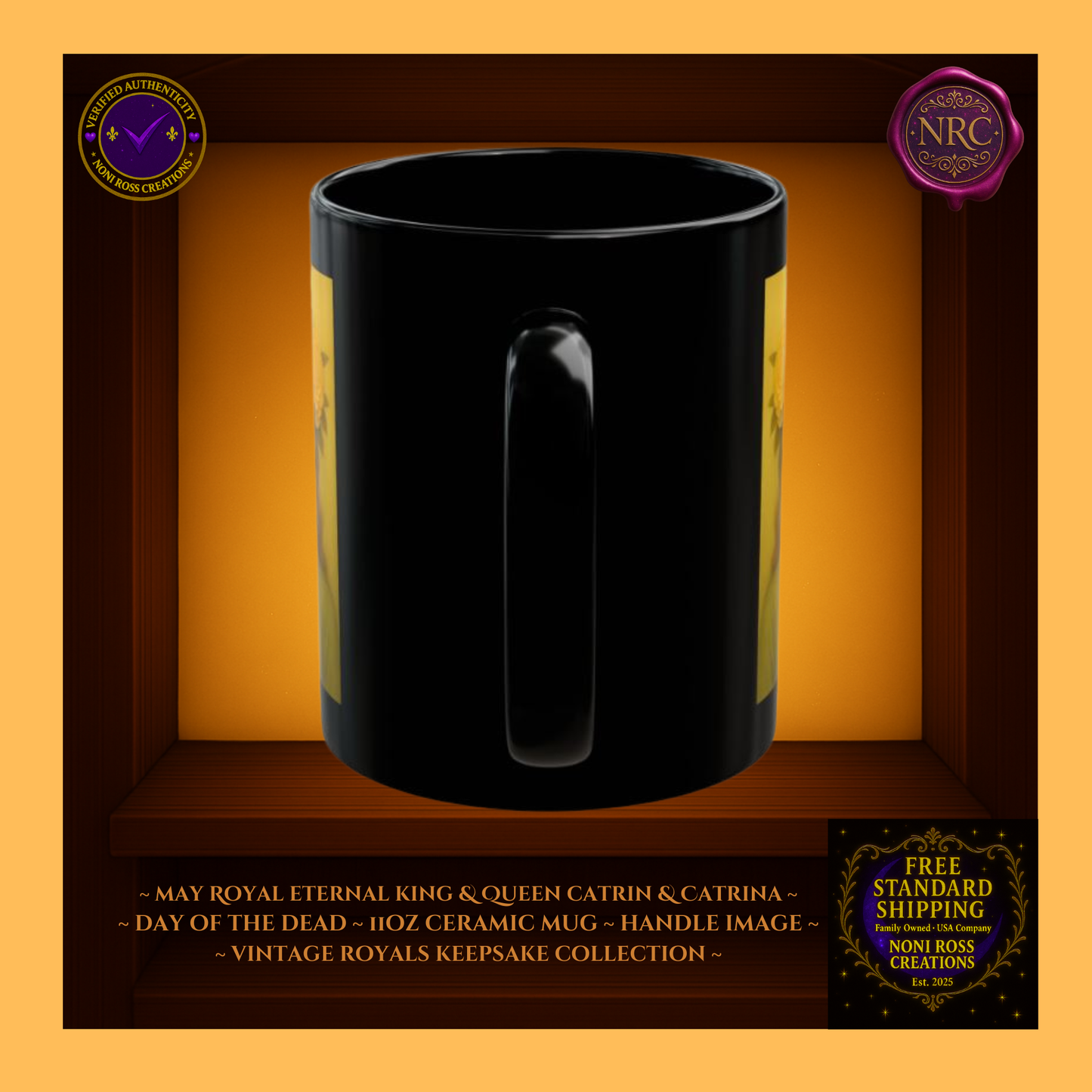 Handle detail—porcelain white interior with rose and gold artwork edging, 11 oz ceramic mugs