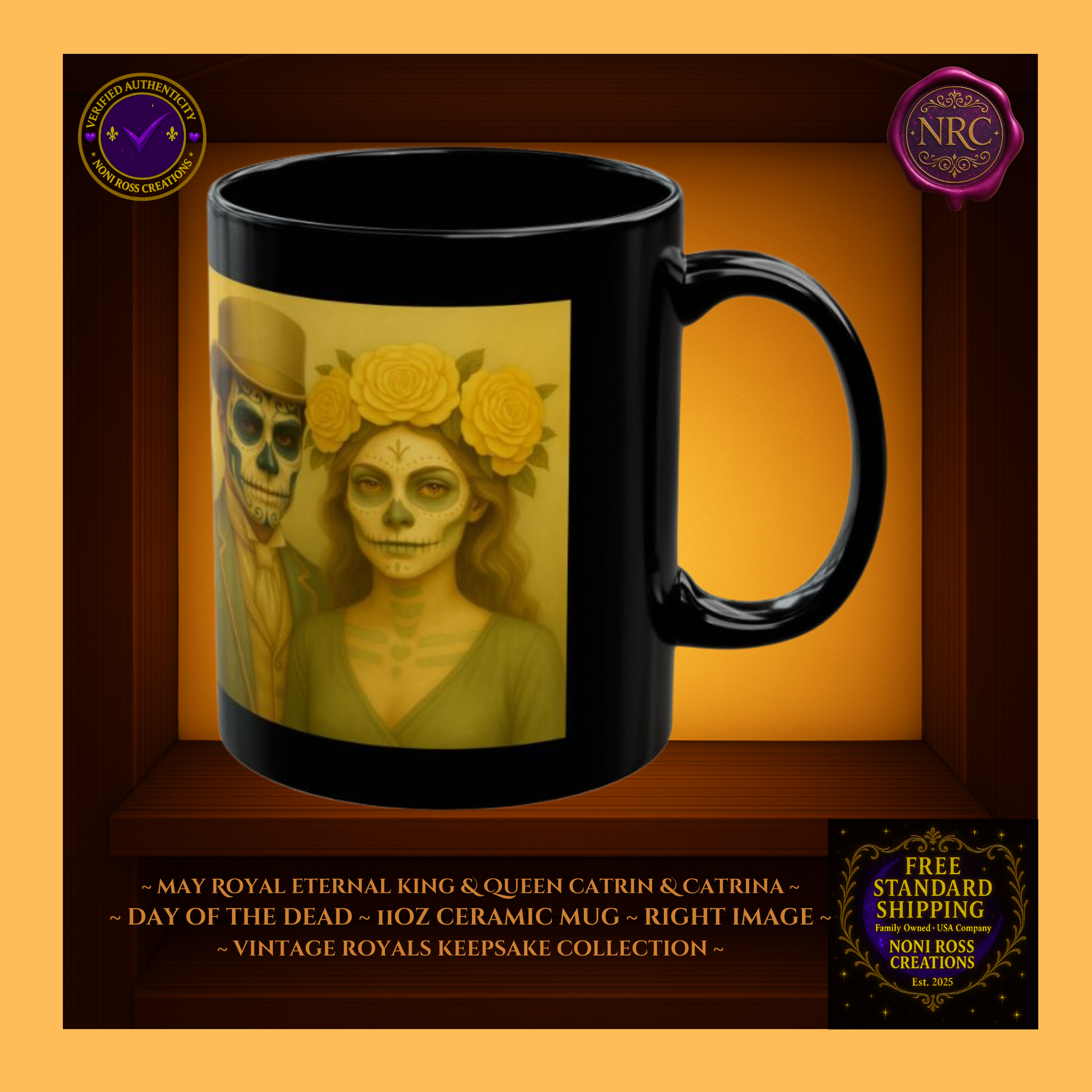 Right side—May King & Queen Catrin & Catrina Mugs with rose-gold shimmer and candlelit accents