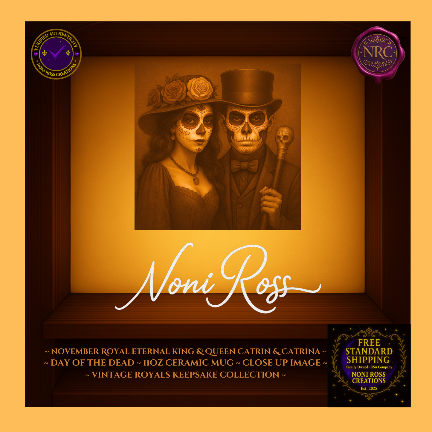 Close-up of November King & Queen faces with silver crowns and candlelit rose gold glow — vintage royal art