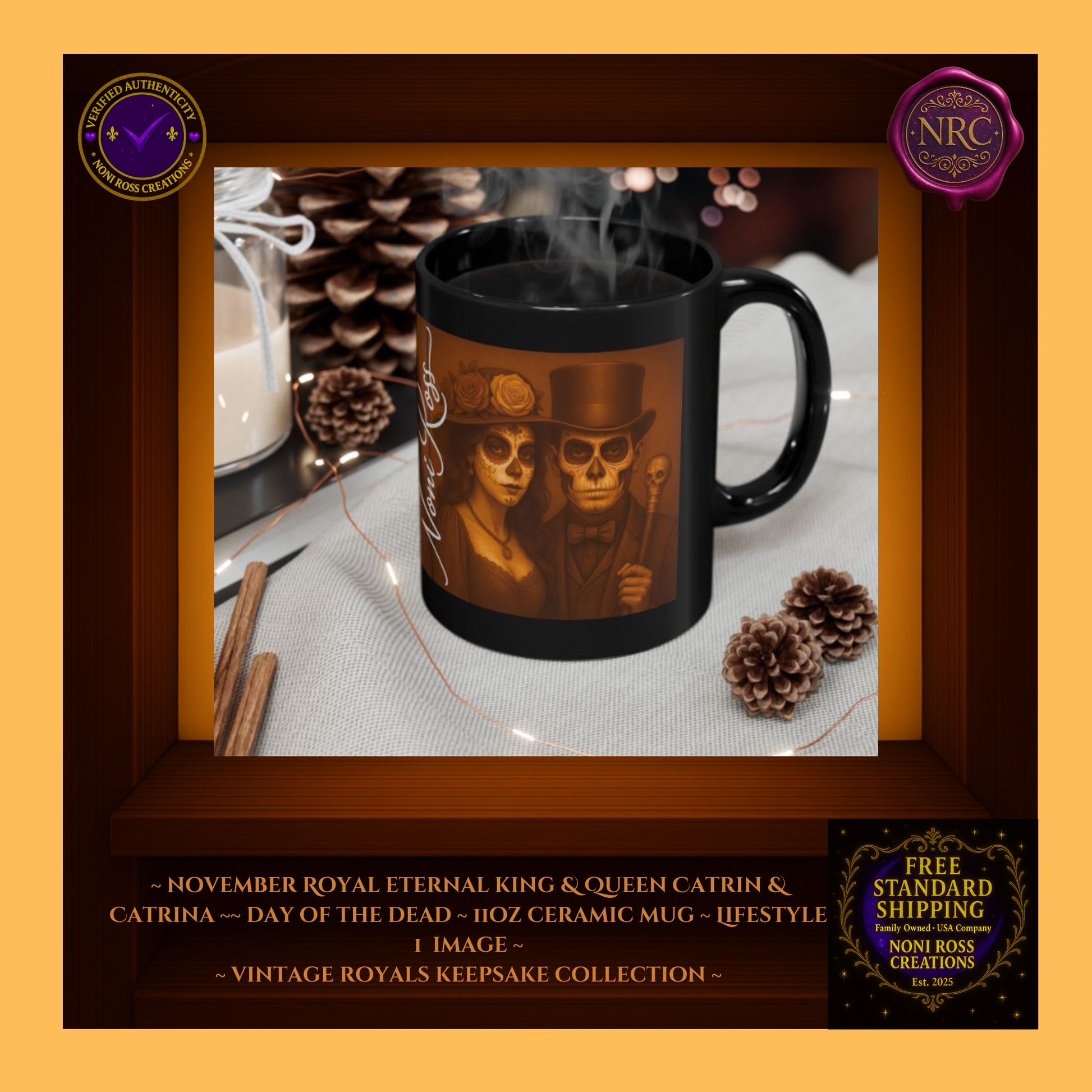 November King & Queen Mugs beside candle and books — autumn royal ritual | 💜 Noni Ross Creations