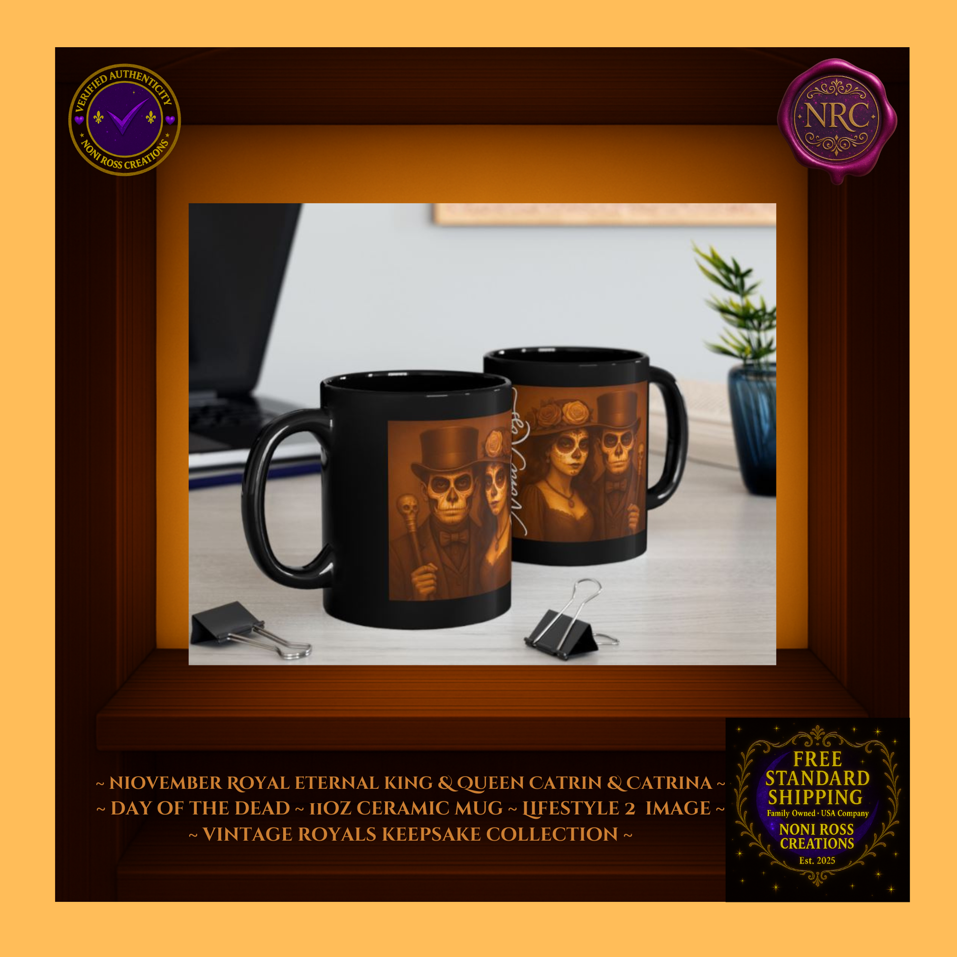 Collector display — November Eternal King & Queen Mugs with silver tones and rose gold trim | 💜 Noni Ross Creations