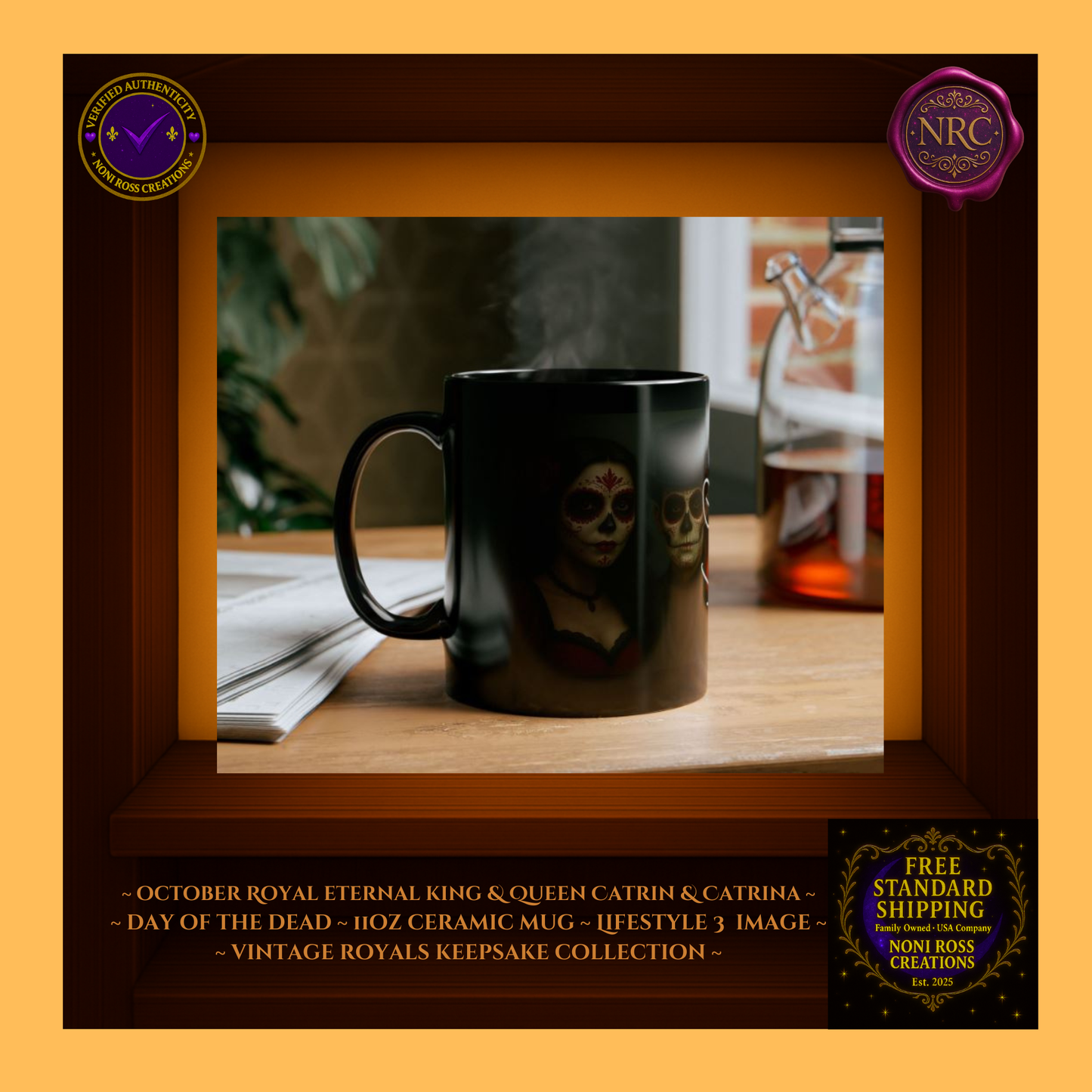 Lifestyle scene — October King & Queen Catrin & Catrina Mugs beside book and pastry | 💗 NoniRossCreations.com