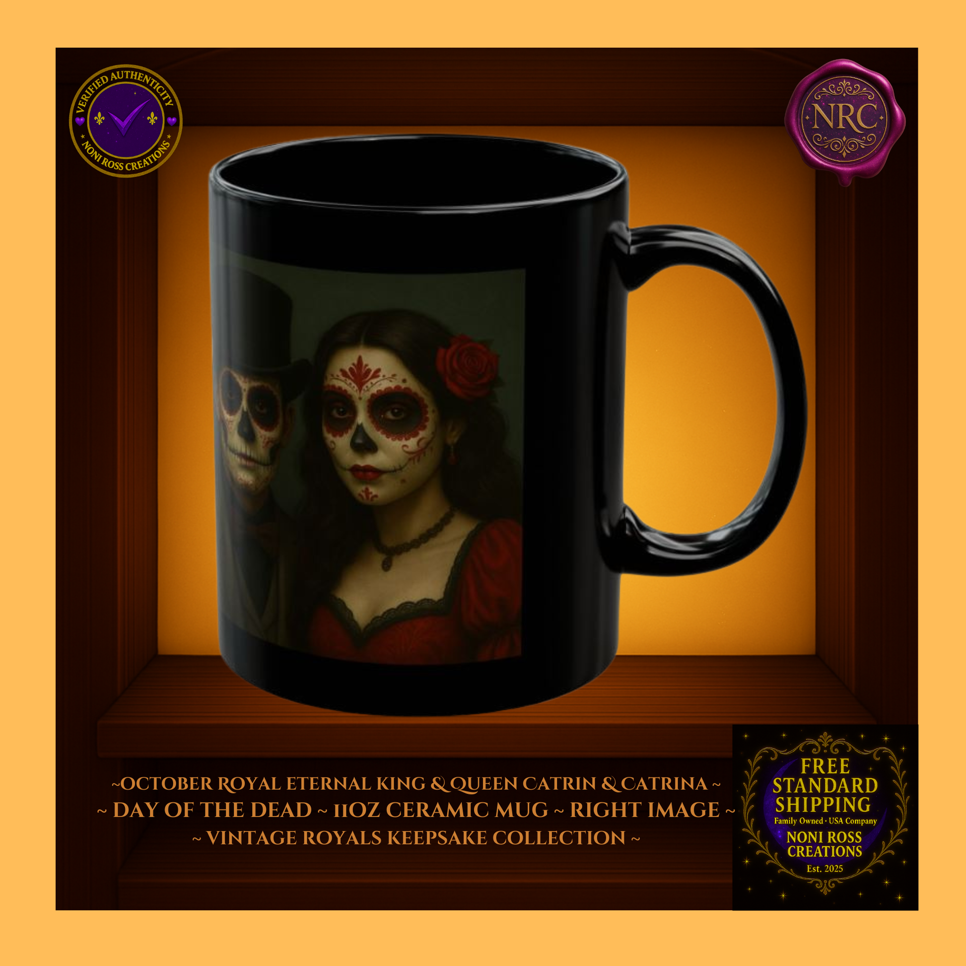 Right side — October King & Queen Catrin & Catrina Mugs with amber glow and autumn shadows