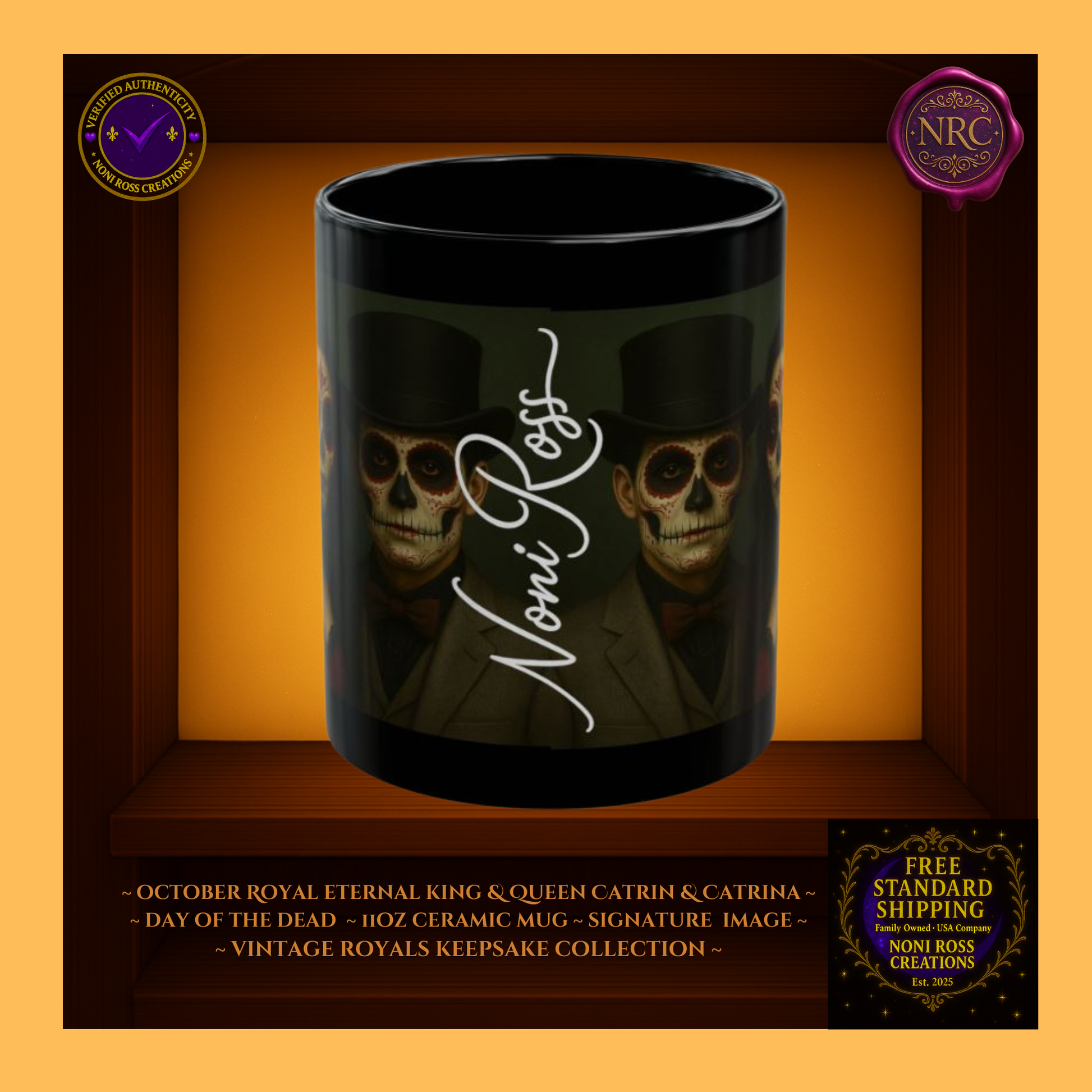 Signature spine — 💜 Noni Ross Creations logo with Vintage Royals filigree on black background, collector set