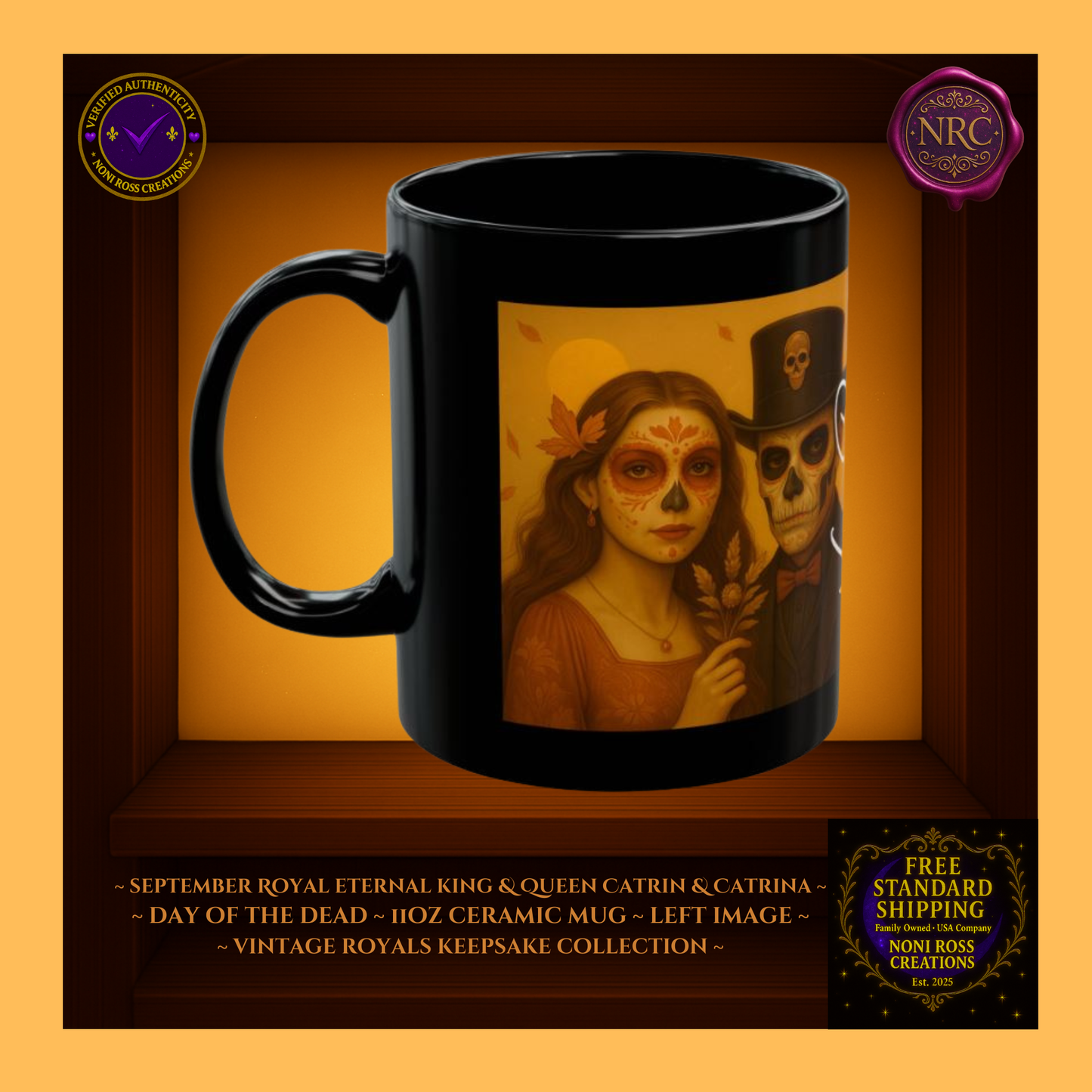 Left side — September Eternal King & Queen Mugs showing emerald detailing and gold trim | 11 oz ceramic mugs