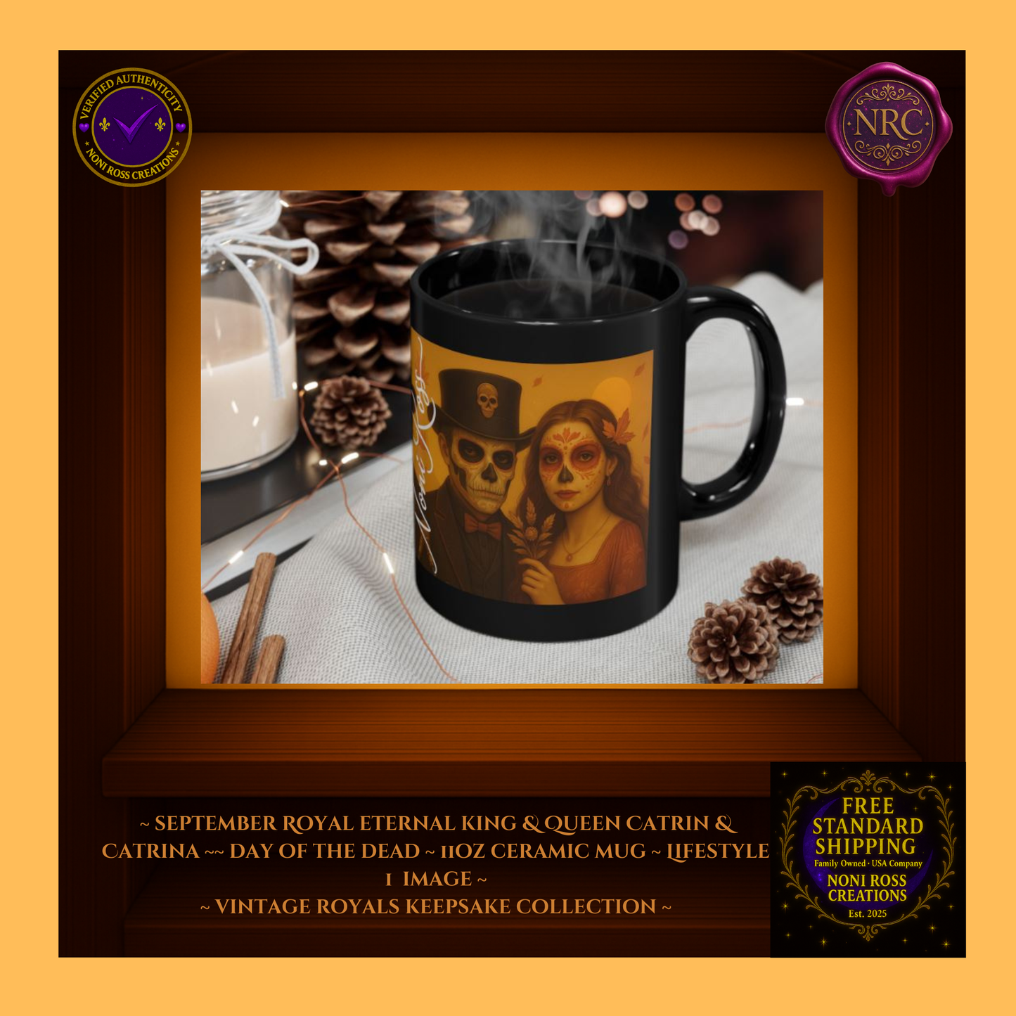September King & Queen Mug Set displayed with fall leaves and candle — autumn royal ritual | 💜 Noni Ross Creations