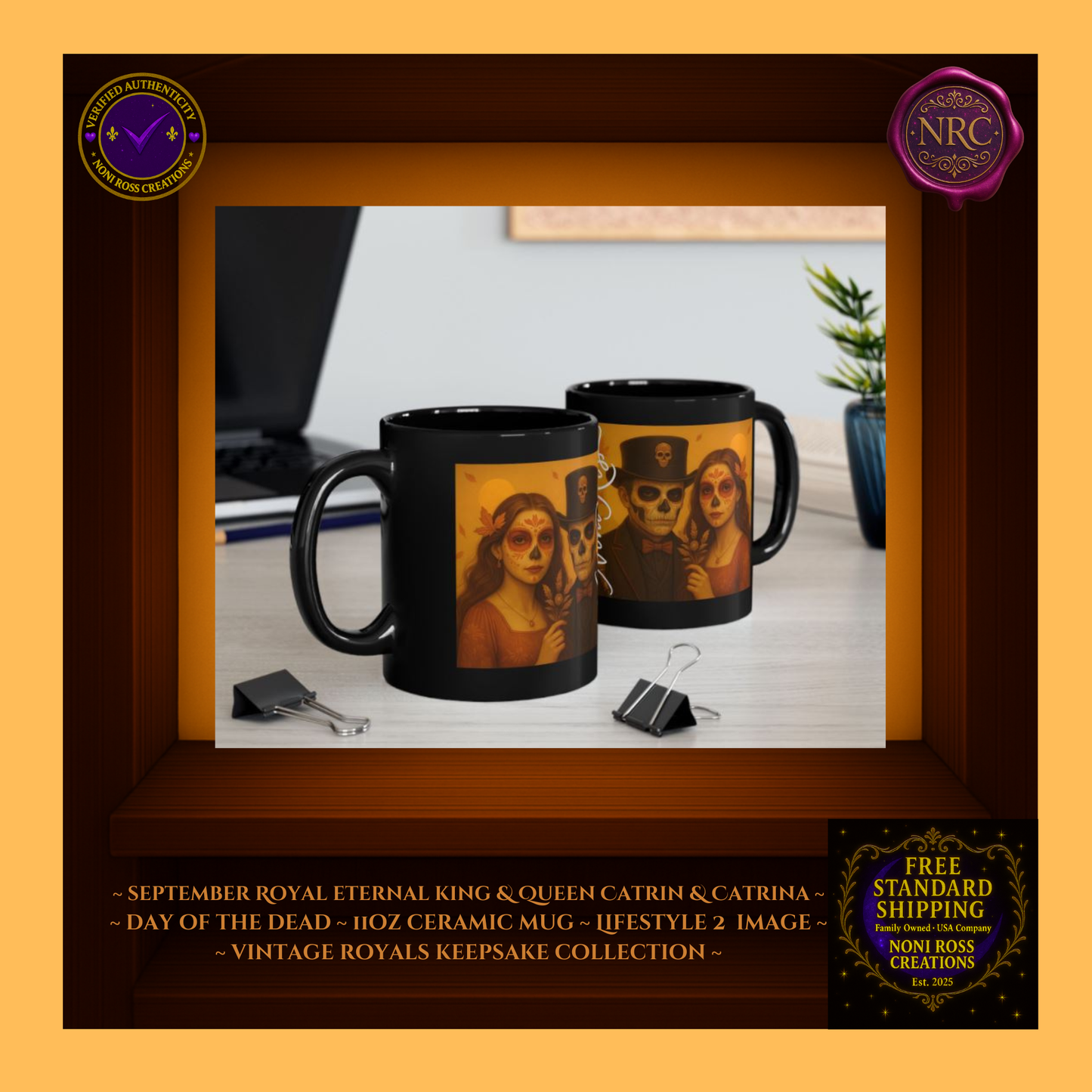 Collector display — Eternal King & Queen September Mugs with copper and green palette | 💜 Noni Ross Creations