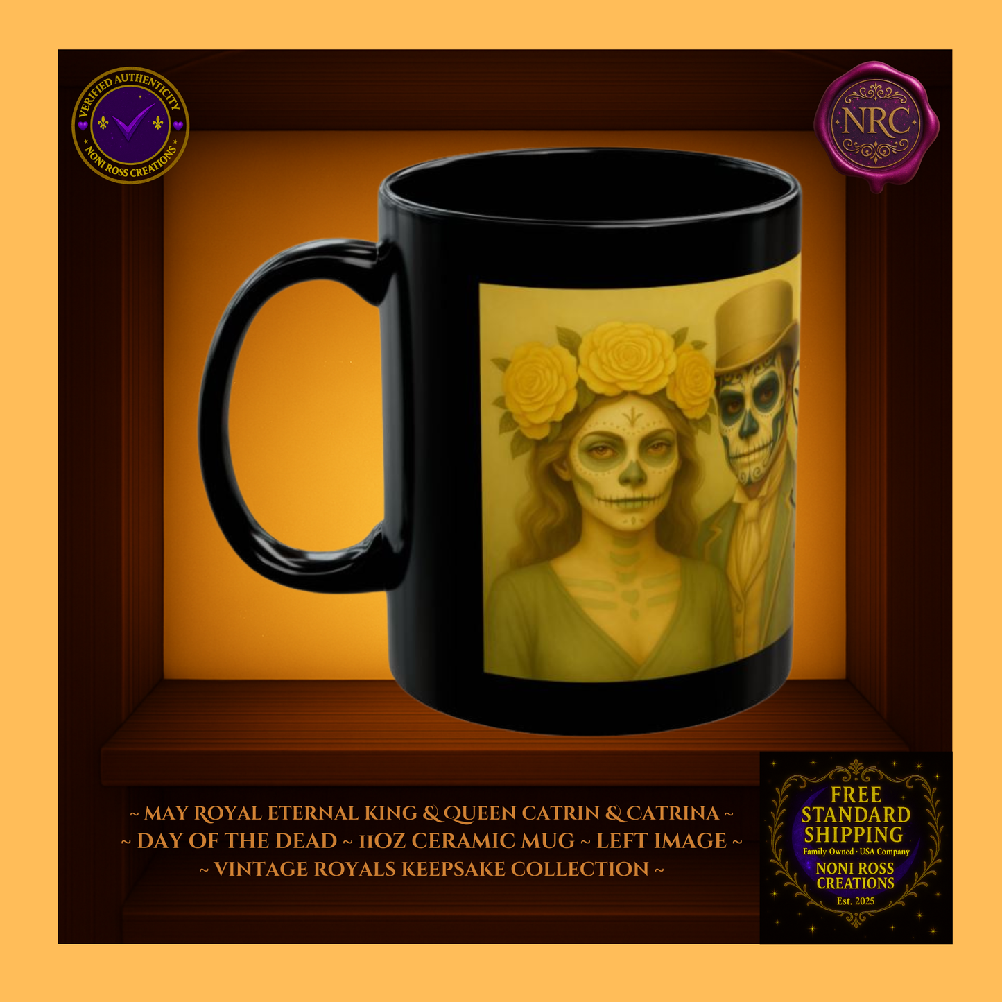 Left side—May Eternal King & Queen Mugs showing paired attire and gold detailing | 11 oz ceramic mugs