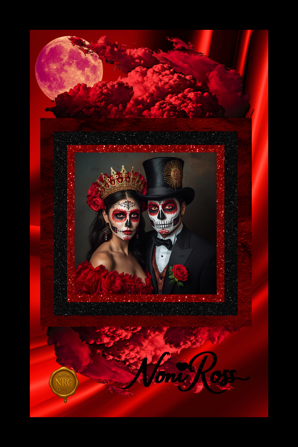 Crimson Ember Edition blackout curtain featuring a royal Day of the Dead couple in vivid crimson and onyx hues, part of the Cozy Rituals Collection by Noni Ross Creations.