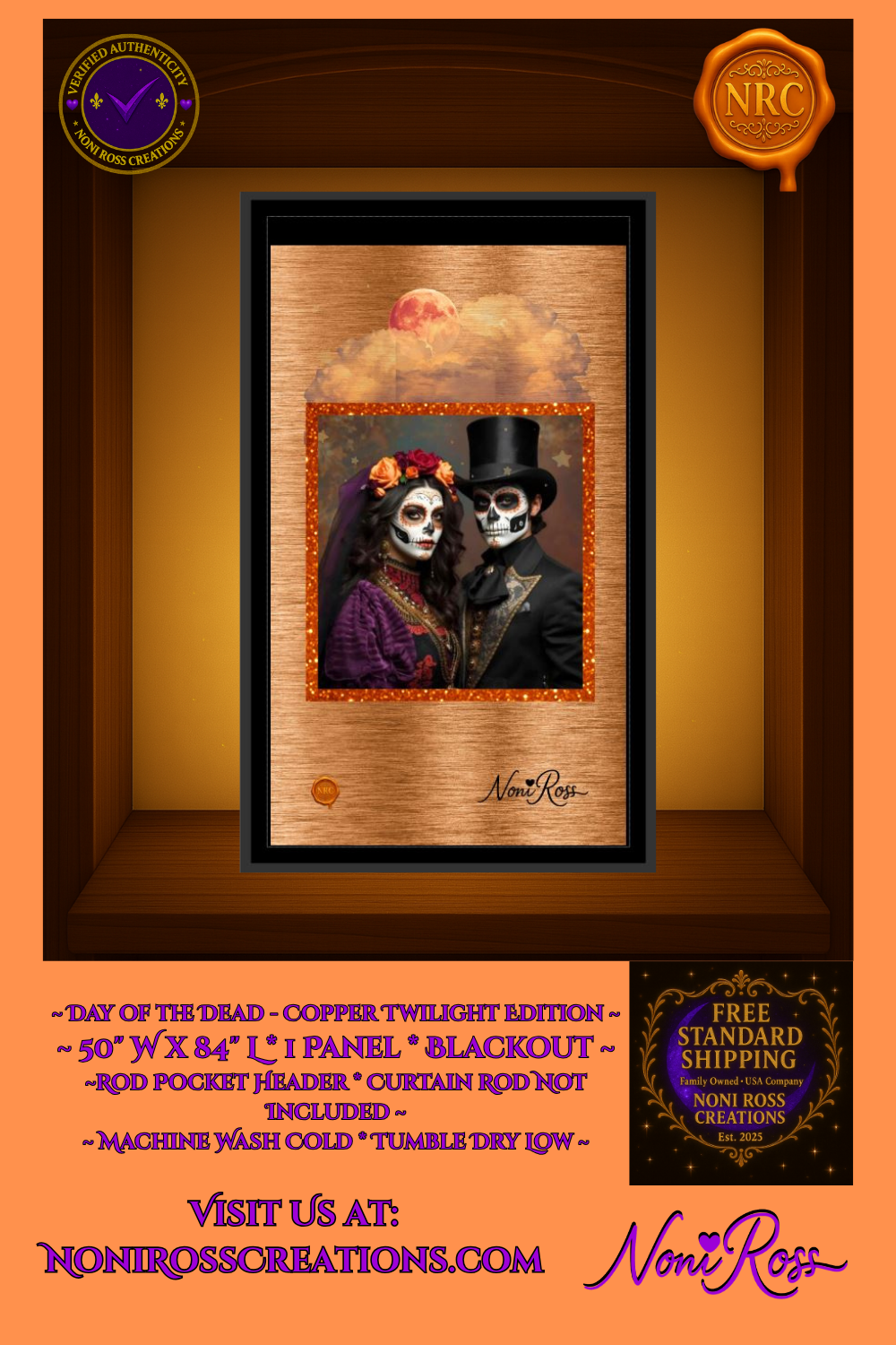Artist-designed 50×84 inch blackout curtain in copper and violet hues featuring a Day of the Dead couple; Copper Twilight Edition by Noni Ross Creations.
