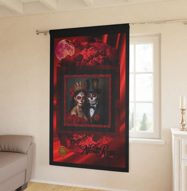 Artistic close-up of the Crimson Ember curtain design, showing detailed Catrin and Catrina features in scarlet tones