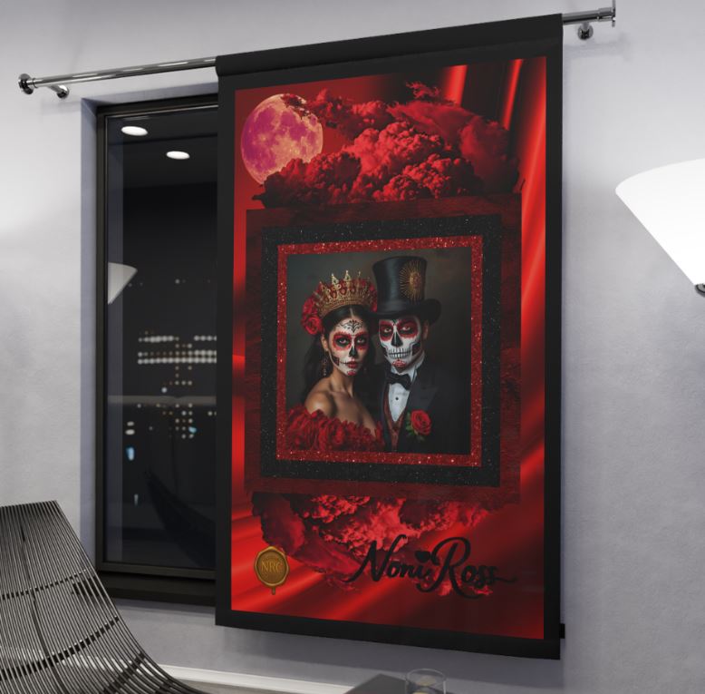 Crimson Ember blackout curtain displayed in a cozy ritual nook with moonlight shining through red fabric