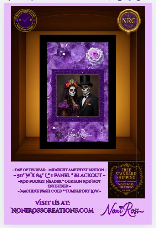 Day of the Dead couple art curtain in amethyst tones, designed by Noni Ross Creations