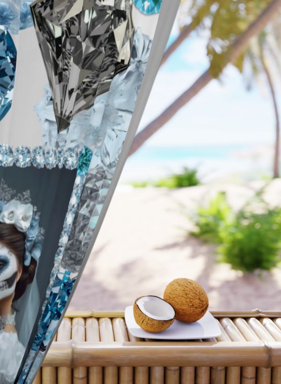 Saf-fire & Ice sapphire curtain hanging in a bright living room, showing icy blue crystals and silver lace with soft daylight glow.