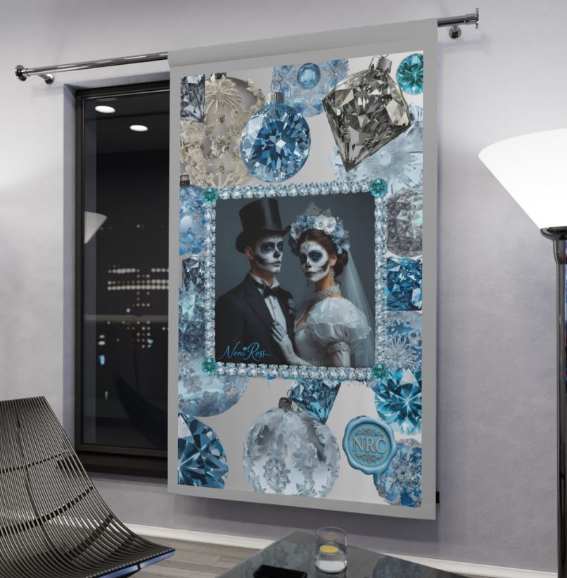 Close-up lifestyle shot of Saf-fire & Ice curtain fabric drape, revealing crystal frame, corner gems, and smooth polyester texture.