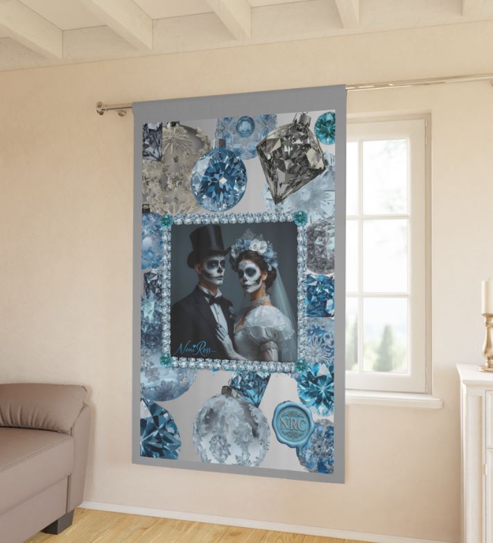 Sapphire-themed blackout curtain in a cozy reading nook with candles and winter décor, adding mystical ambiance.