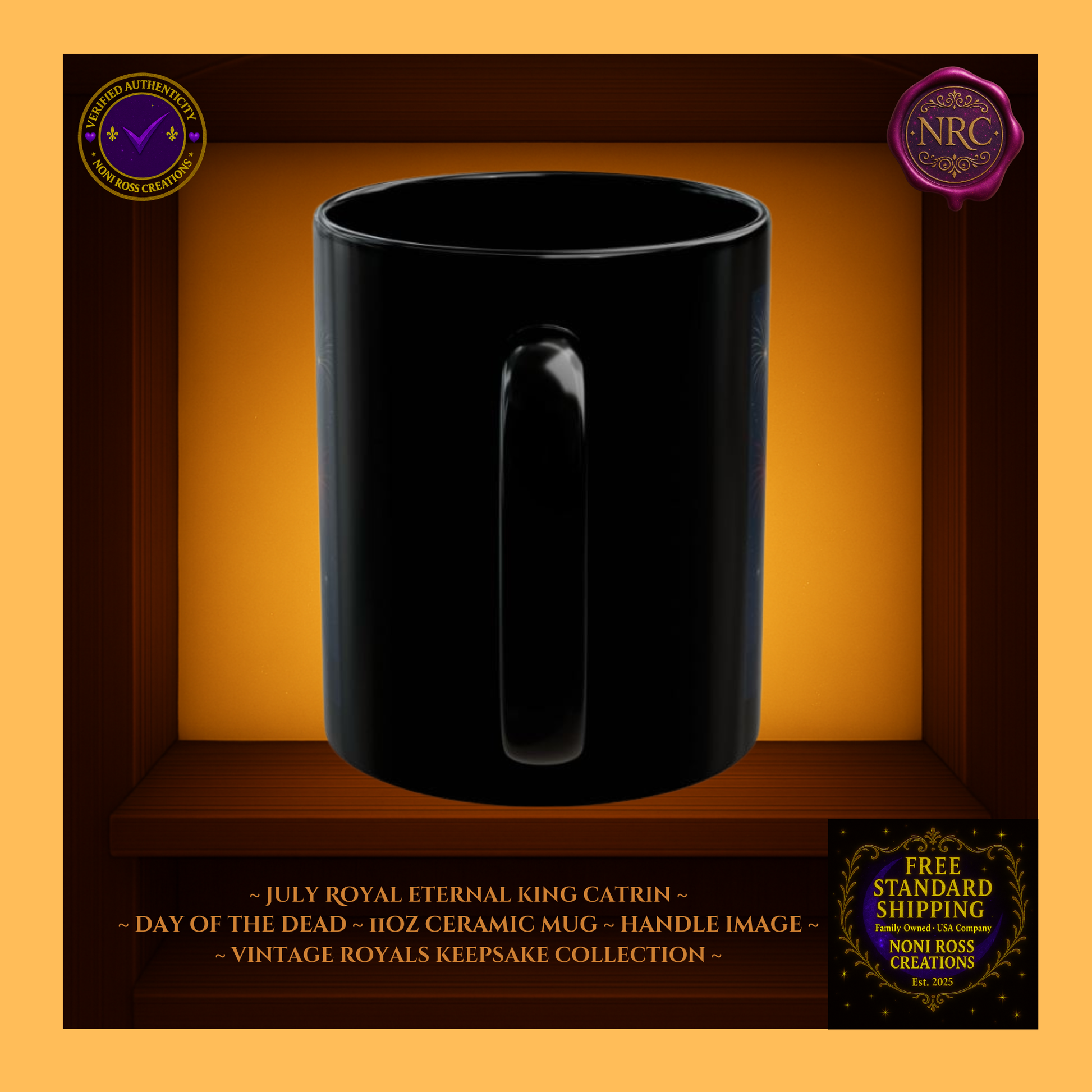 Handle detail—porcelain white interior with red and gold edge design, 11 oz ceramic mug