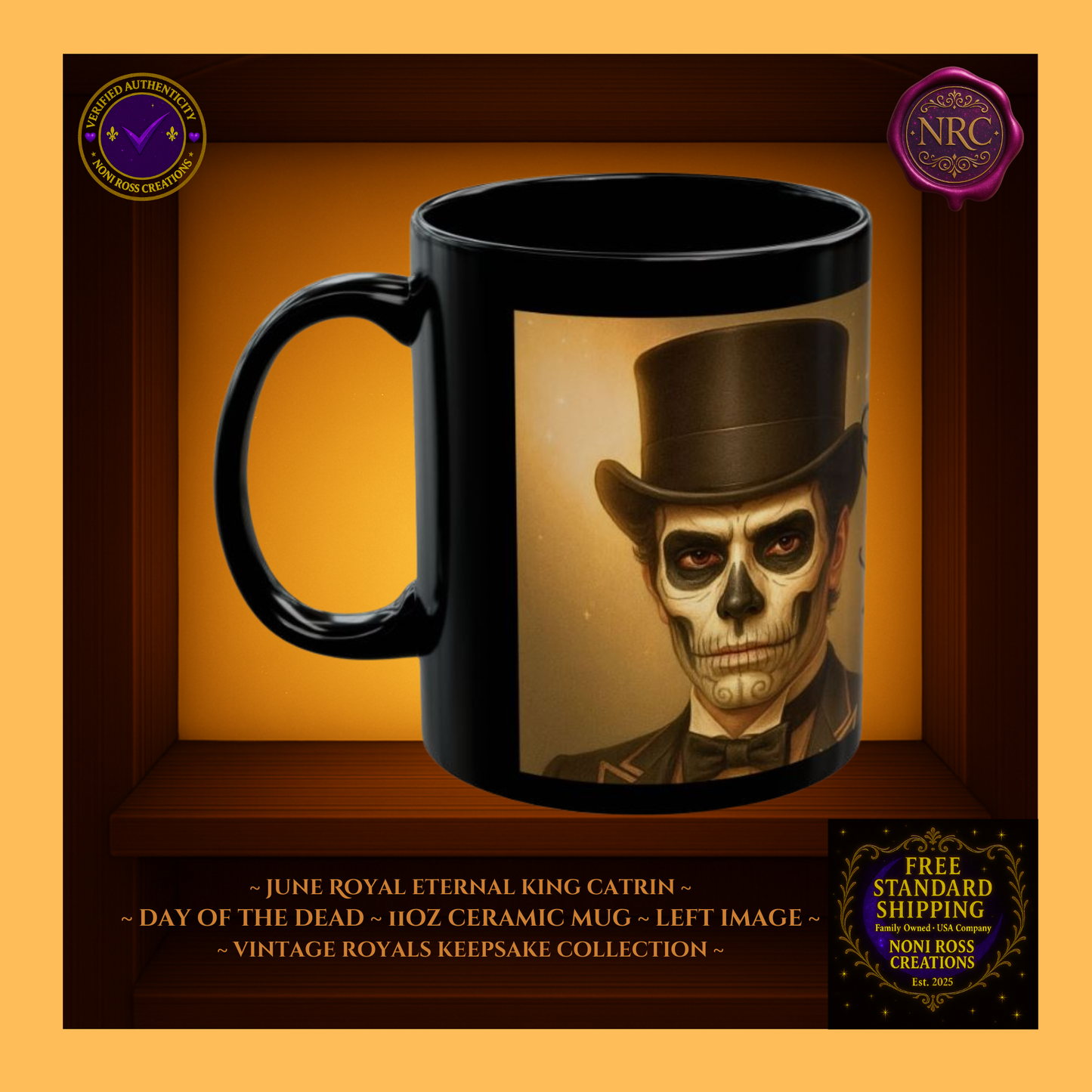 Left side—June Eternal King Catrin Mug showing golden crown and silver attire, 11 oz ceramic mug