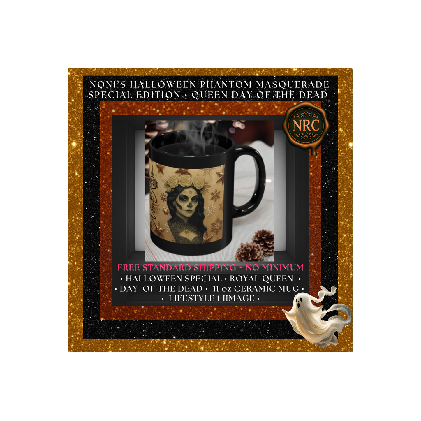 Styled lifestyle photo of Catrina Day of the Dead 11oz mug with seasonal décor, elegant sepia artwork by Noni Ross Creations.