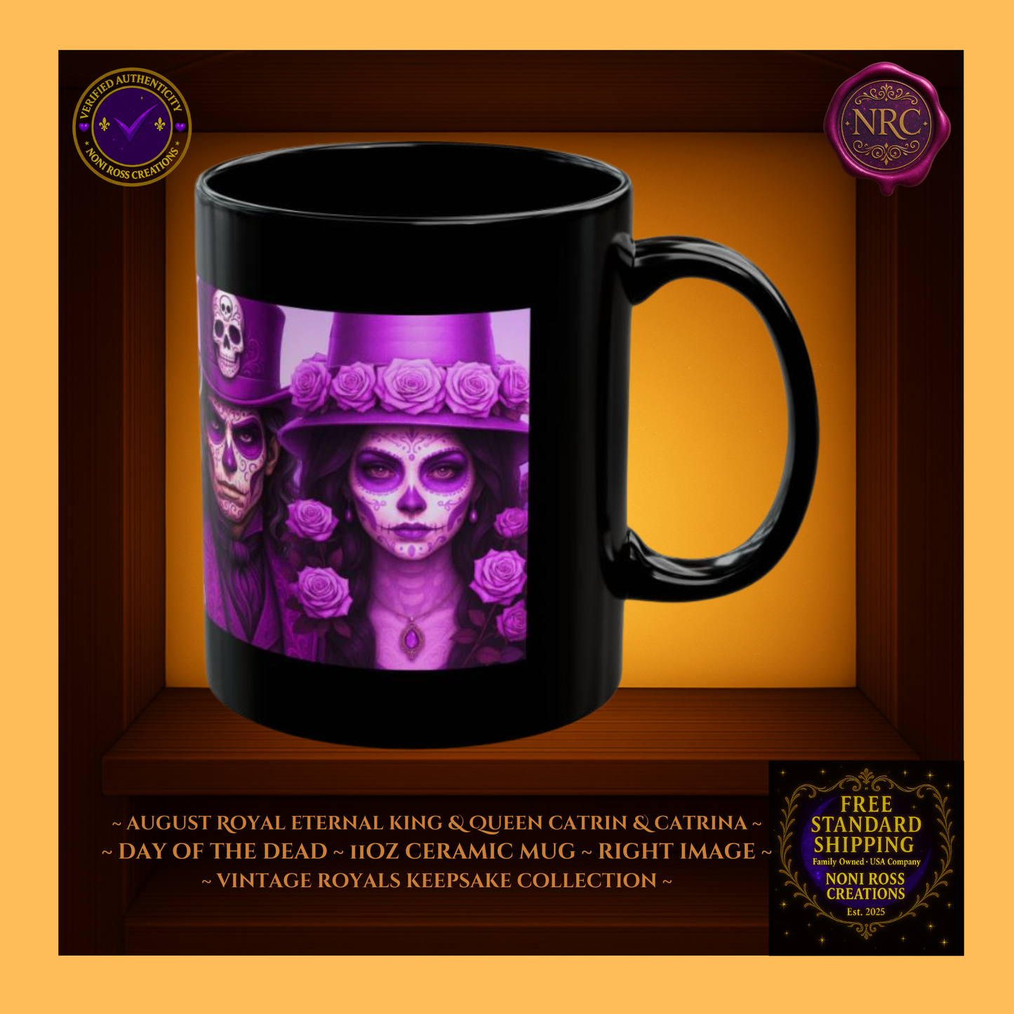 Right side — August King & Queen Catrin & Catrina Mugs with champagne pearl accents and soft lighting