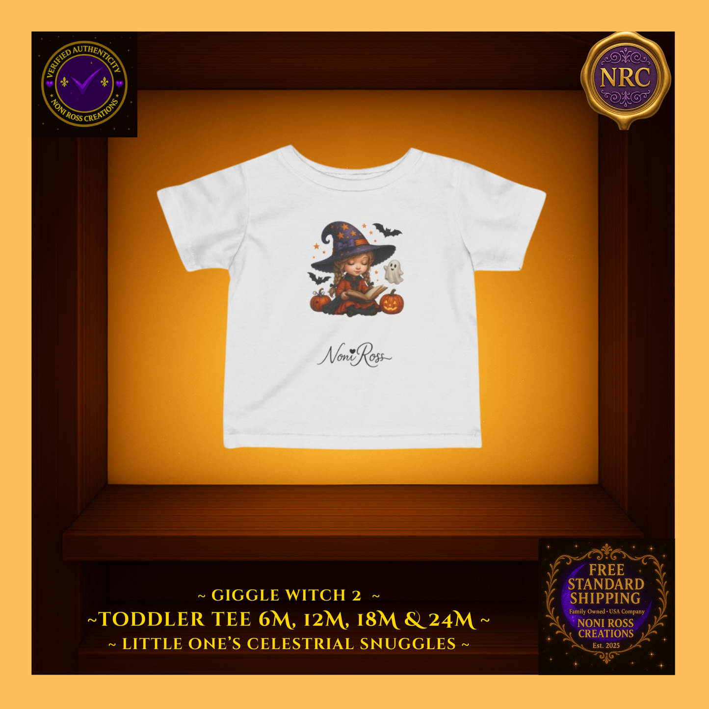 Giggle Witch 2 toddler tee in crisp white featuring the cute witch, stars, and cauldron; clean, bright canvas from Noni Ross Creations.