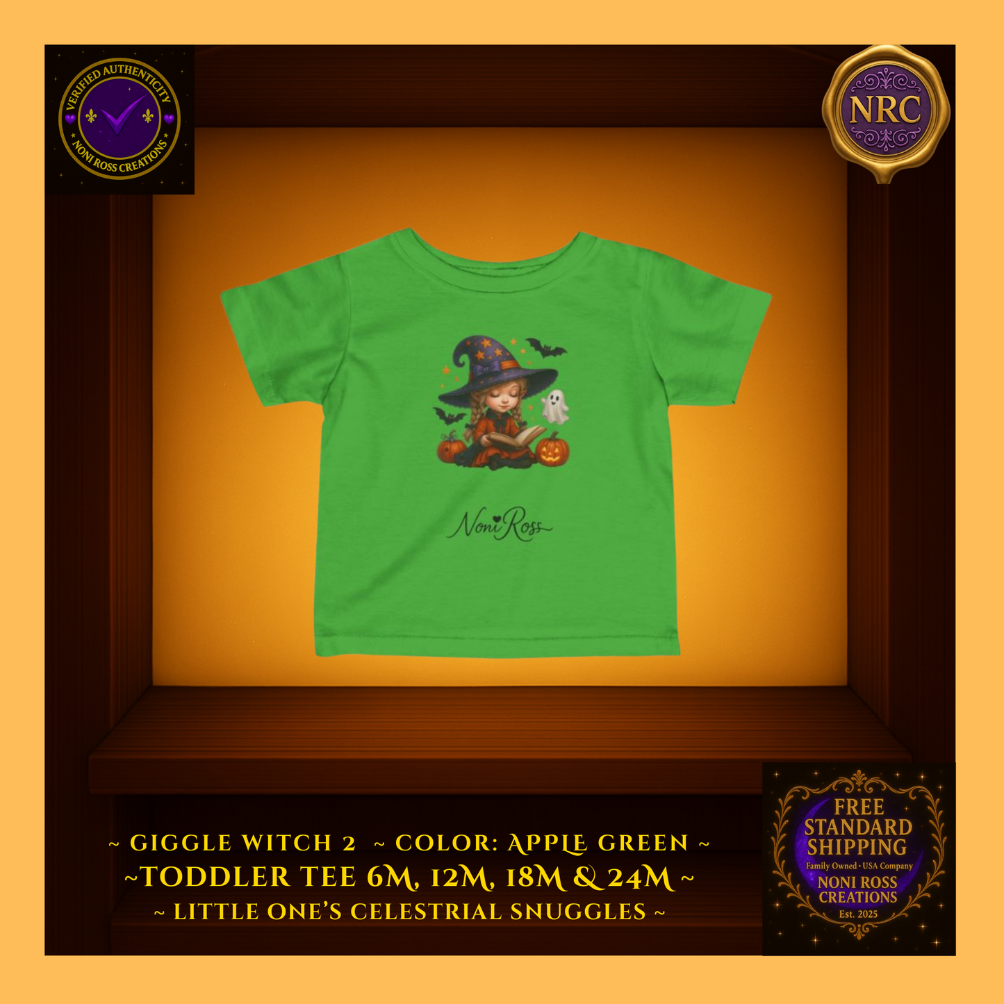 Giggle Witch 3 toddler tee in apple green featuring a sweet little witch stirring her cauldron; soft cotton, Celestial Snuggles Collection by Noni Ross Creations.