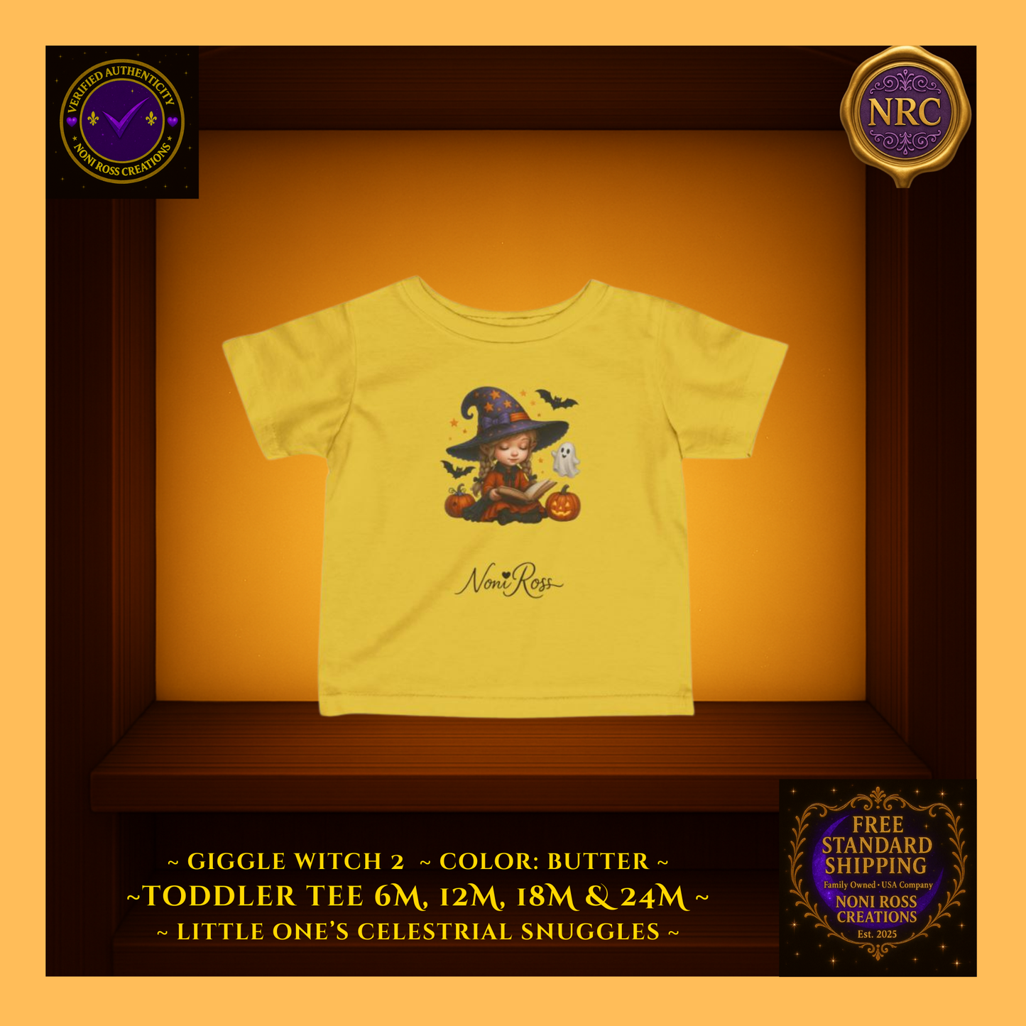 Giggle Witch 3 toddler tee in buttery yellow with adorable witch artwork and pumpkins; cozy everyday fit from Noni Ross Creations.