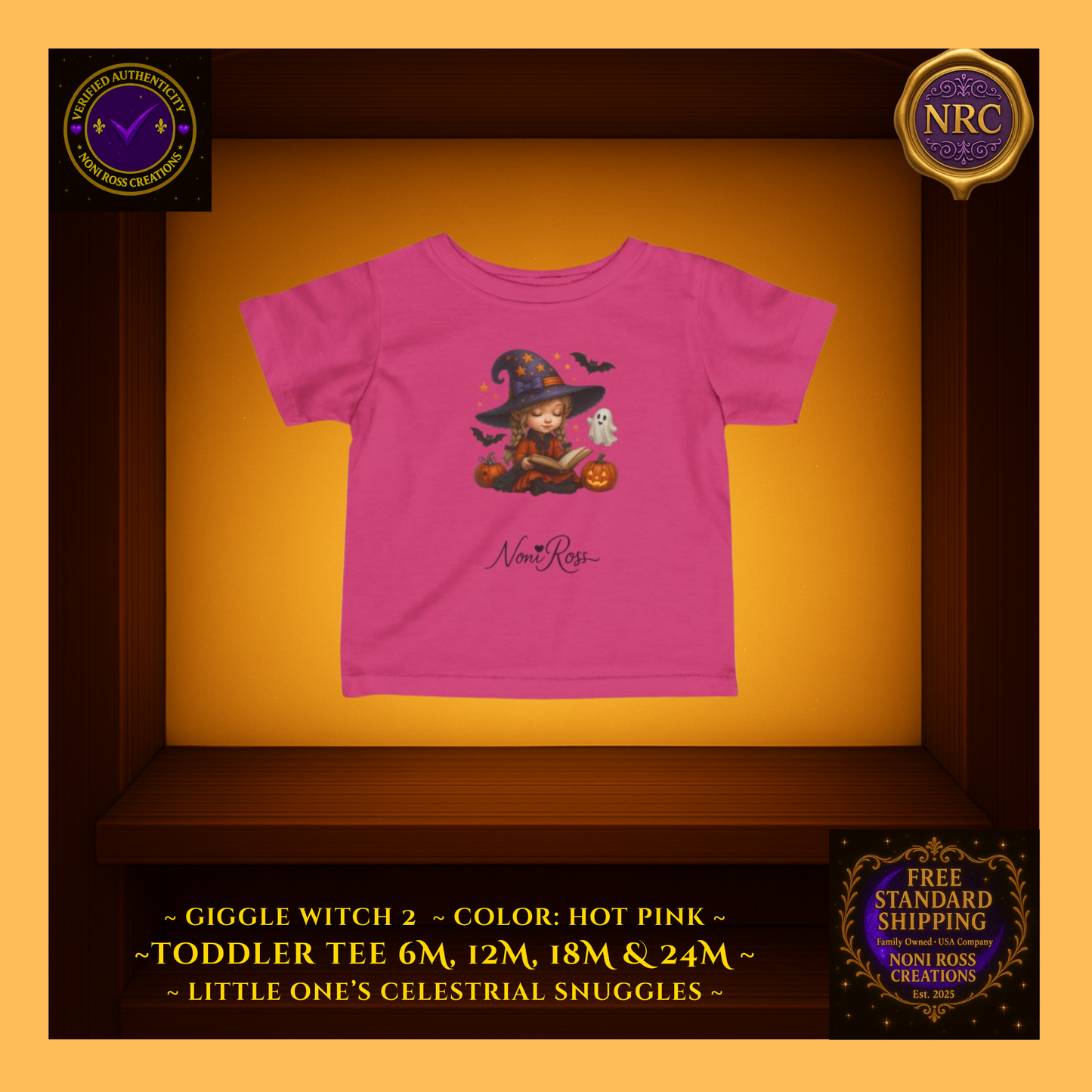 Giggle Witch 3 toddler tee in vibrant hot pink with magical witch and sparkling stars; bright, comfy, and gift-ready from Noni Ross Creations.