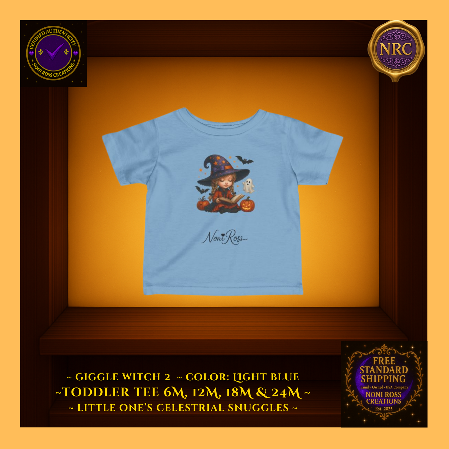 Giggle Witch 3 toddler tee in light blue featuring the cozy witch and pumpkin accents; breathable cotton, Celestial Snuggles Collection.