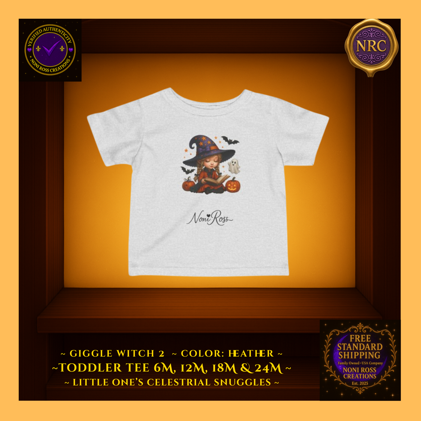 Giggle Witch 3 toddler tee in classic heather grey with whimsical witch and stars; soft blend for playtime comfort by Noni Ross Creations.