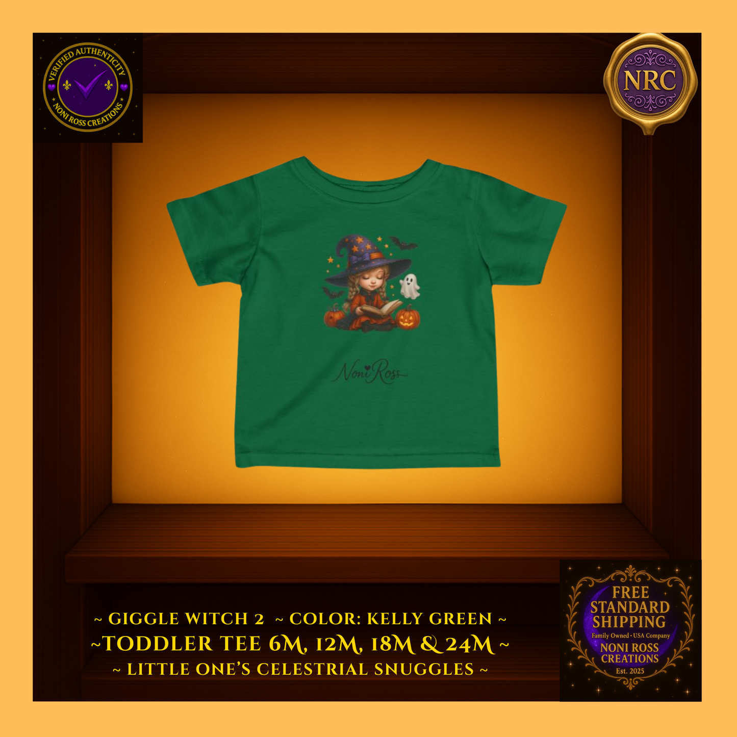 Giggle Witch 3 toddler tee in kelly green highlighting the charming witch art and cauldron glow; festive and fun, Celestial Snuggles Collection.