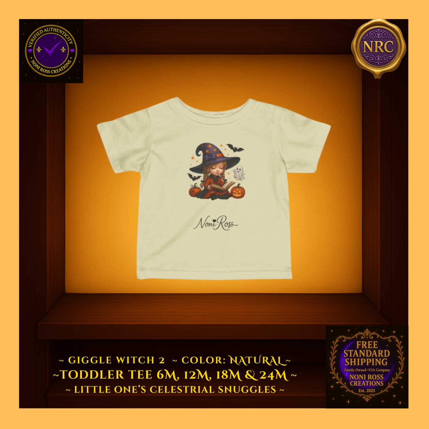 Giggle Witch 3 toddler tee in natural off-white with adorable witch and autumn pumpkins; eco-leaning look from the Celestial Snuggles Collection.